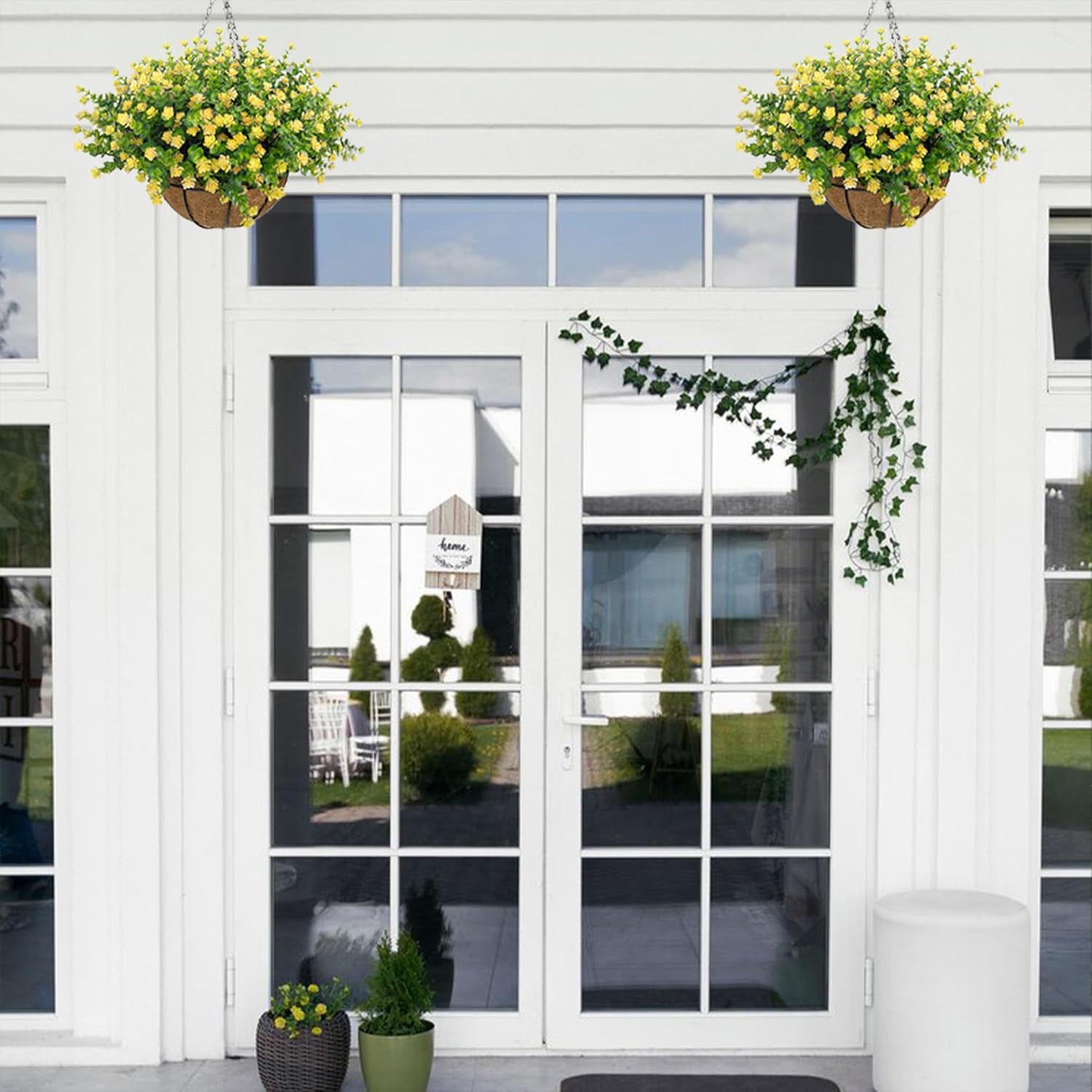 NETAP Artificial Hanging Flowers Basket for Outdoor, 16 Fake Flowers Look Real UV Resistant, Faux Hanging Plants for Porch, Balcony, Patio, Garden, Spring Summer Decor,Yellow