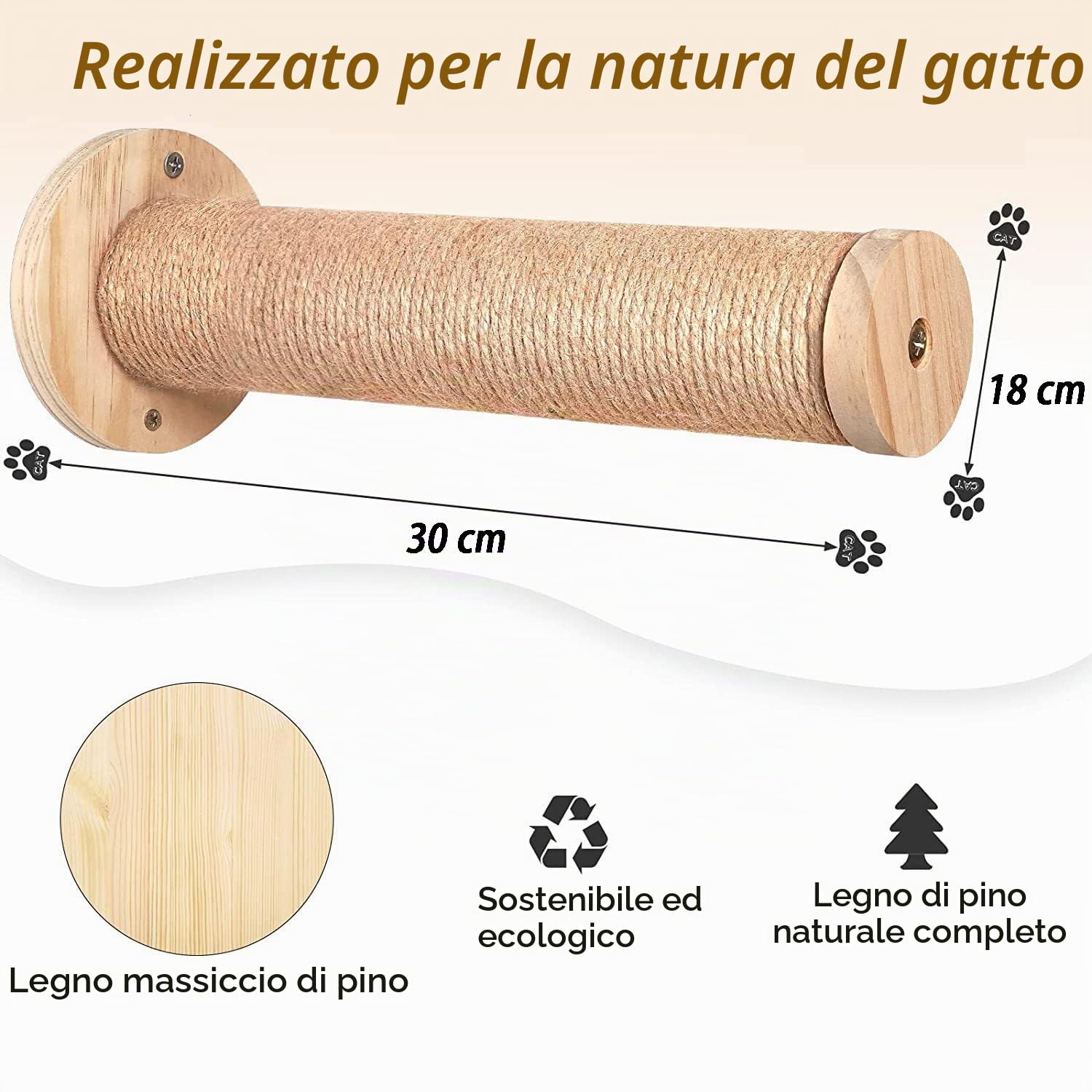 Parete Per Gatti Con Zona Notte, Amaca Legno Naturale, Tiragraffi Sisal - Ultra Stabile Per Gattini (3 Pcs)