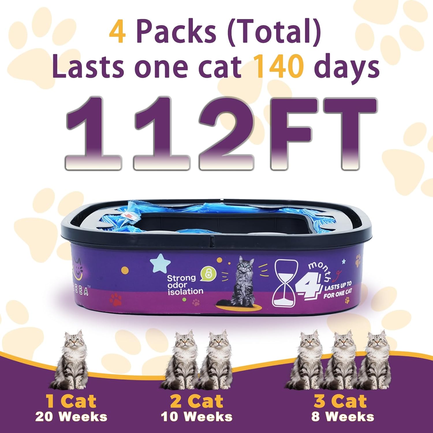 4 Pack Cat Litter Refills Bags Jumbo 28FT Cartridge Enhanced Odor Control Compatible with Cat Litter Genie Refills Standard, Plus, Style and XL Plus Pails (NOT Compatible with XL)