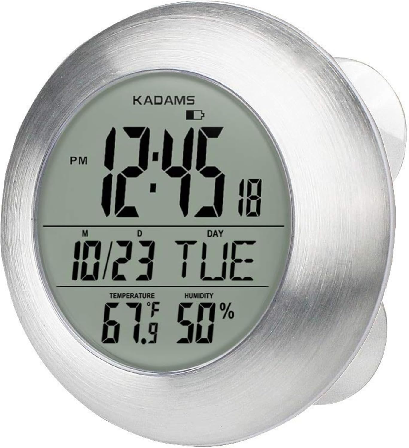 KADAMS Bathroom Shower Digital Wall Clock 9.5'' Kitchen Clock Calendar Water Resistant - Large LCD Screen - Temperature & Humidity Display - Thoughtful Gift for All Ages (Silver)