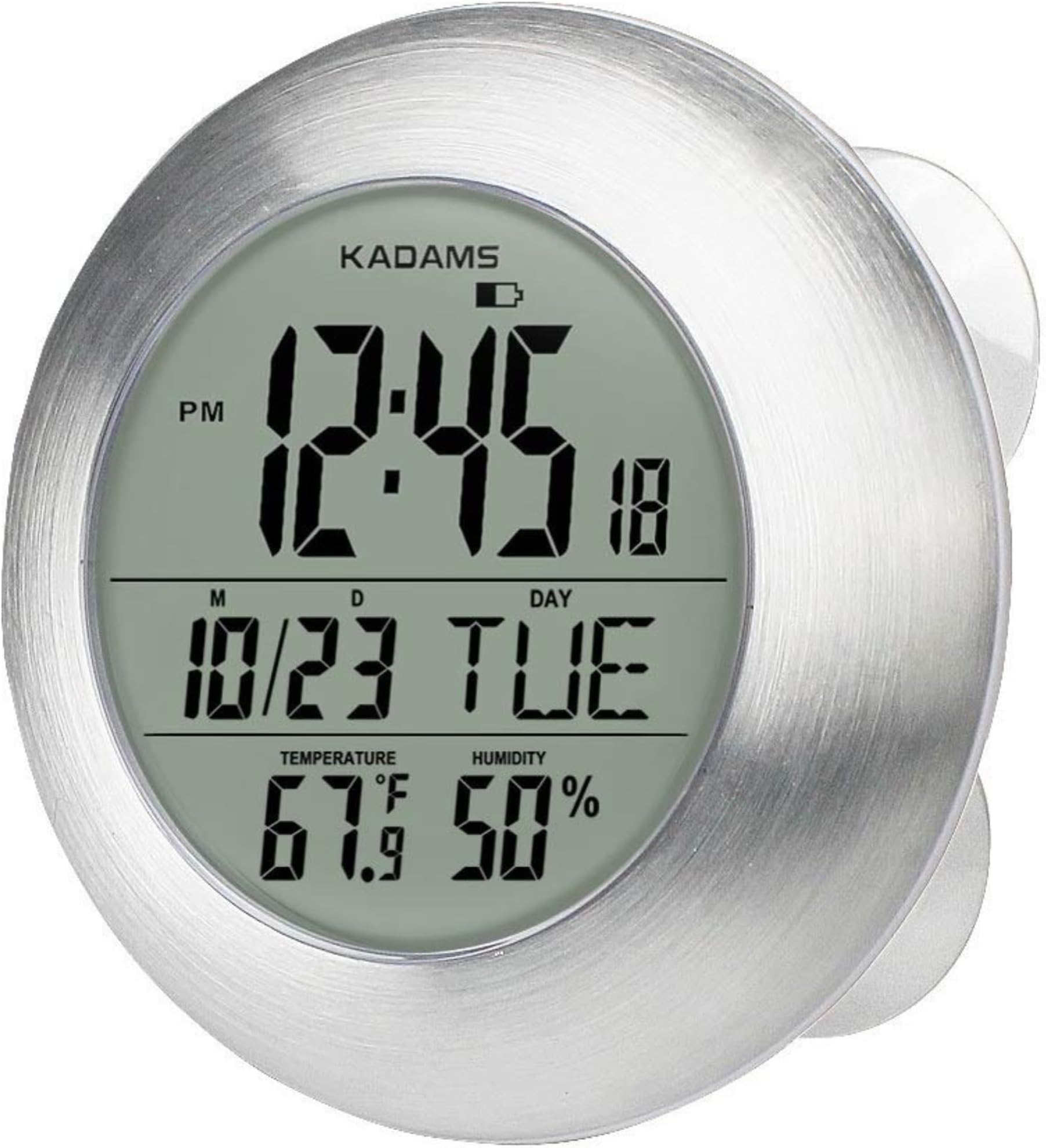 KADAMS Bathroom Shower Digital Wall Clock Large LCD Screen - Kitchen Clock - Water Resistant Timer - Seconds Counter - Temperature & Humidity Display - Multiple Mounting Options, Silver