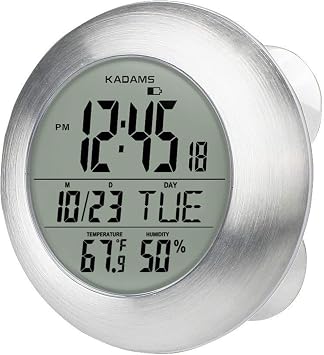 ساعة حائط رقمية للحمام والدش من KADAMS مقاس 9.5 بوصة وتقويم ساعة المطبخ مقاومة للماء - شاشة LCD كبيرة - عرض درجة الحرارة والرطوبة - هدية مدروسة لجميع الأعمار باللون الفضي