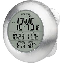 KADAMS Bathroom Shower Digital Wall Clock Large LCD Screen Kitchen Clock Waterproof Timer, Second Counter, Temperature & Humidity Display, Multiple Mounting Options Silver