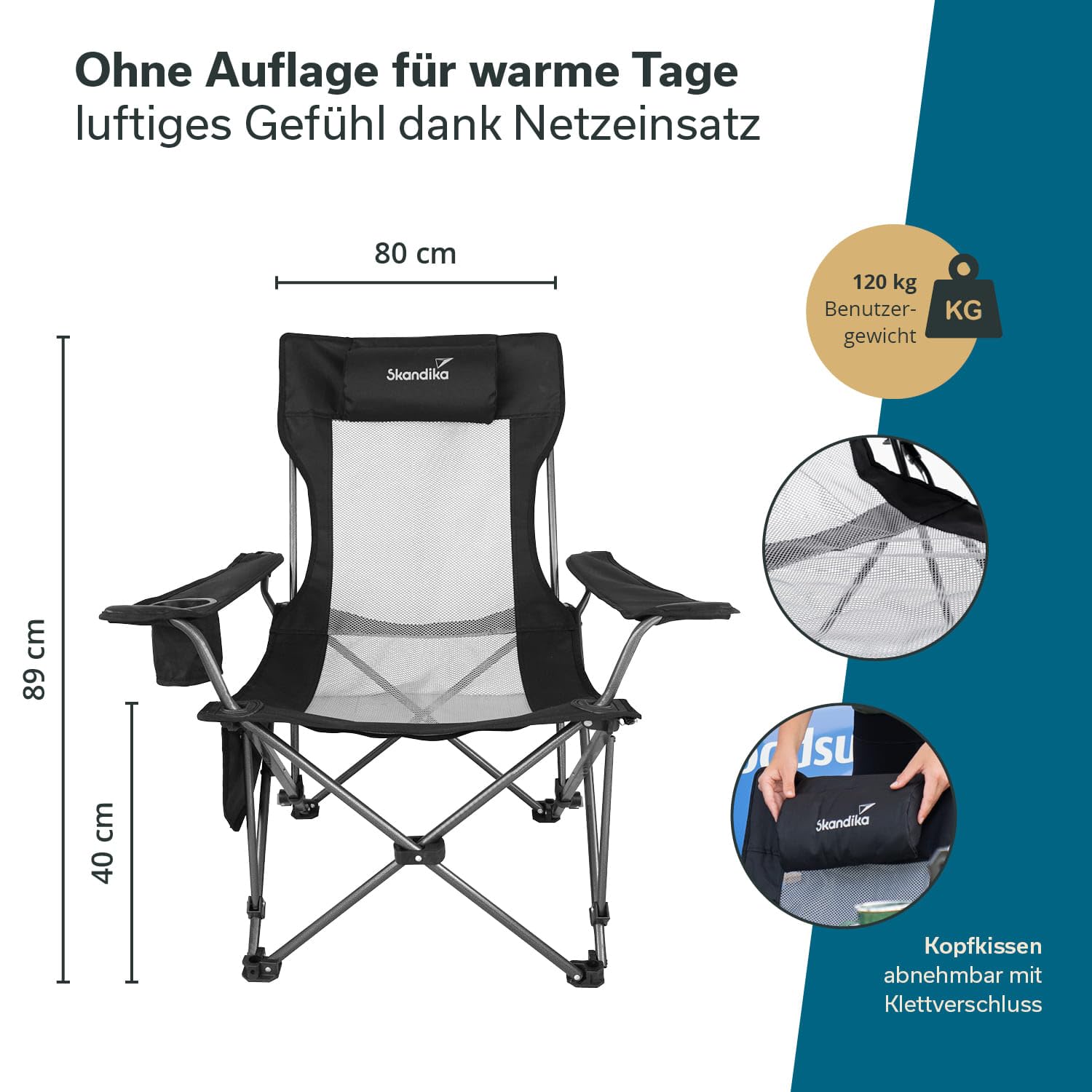 skandika Silla de Camping Toras con reposapiés, Plegable, función reclinable, tamaño Compacto,con Soporte para Bebidas (Negra/con Acolchado)