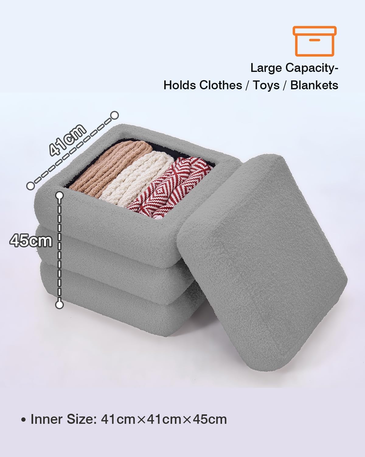 Square Set of 2 Sherpa Storage Ottoman Stool with Removeable lid,Load up to 440 lbs Footstool, Boucle Vanity Stool for Livingroom Bedroom Gray UASND69G