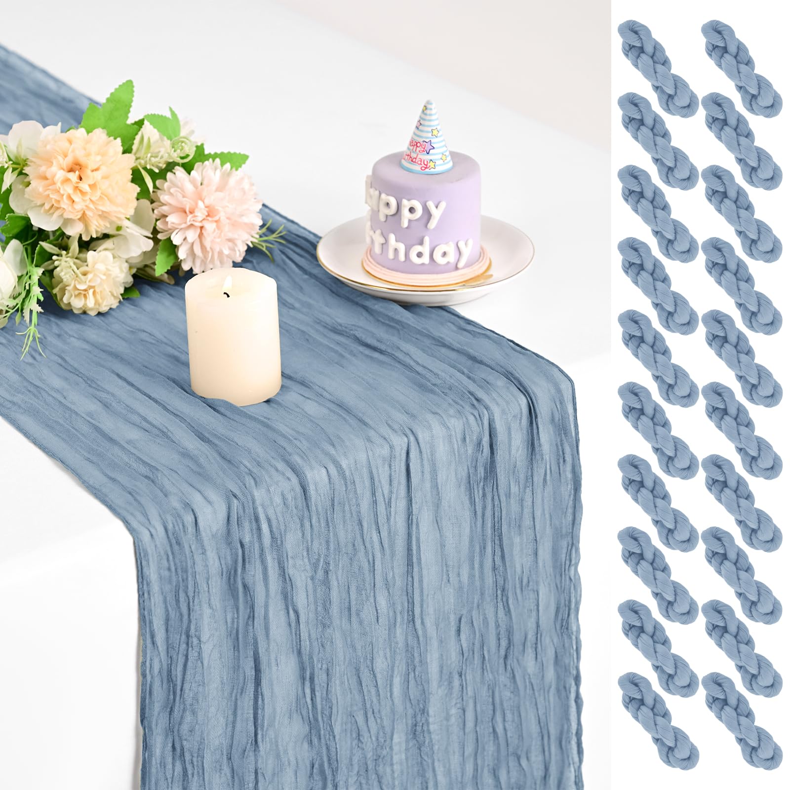 Teruntrue Pack de 20 Camino de Mesa Azul Polvo 45x275 cm, Gasa Transparente Boho para Boda, Ducha de Novia, cumpleaños, hogar, jardín, Granja