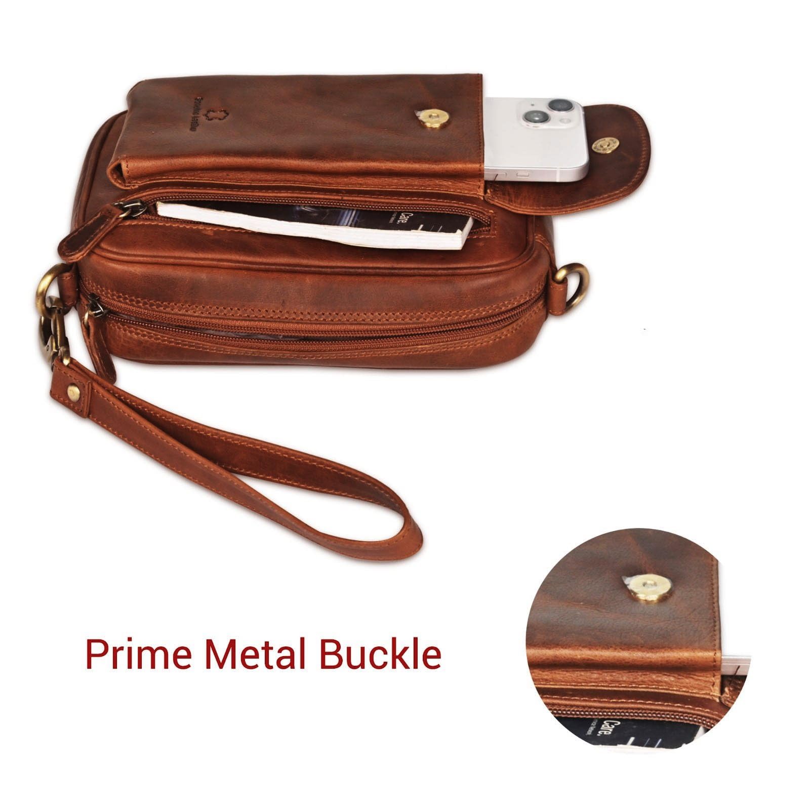 Leder Handgelenktasche für Unisex aus Rindleder 21- (147A) Herrentasche echtes Leder Tasche Bag Neu Farbe Cognac