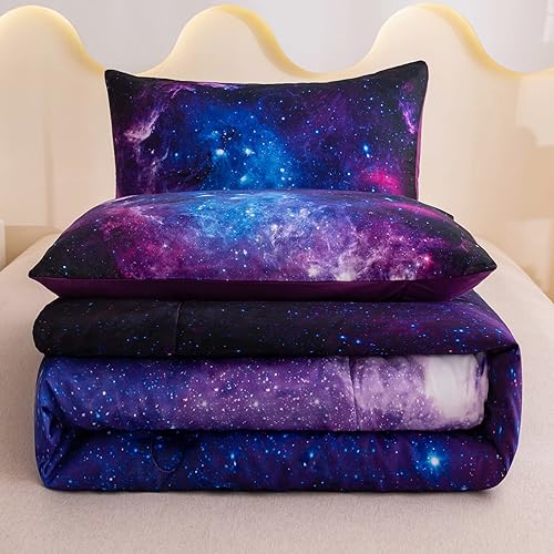 Miniatura 5 de MWMWMW Juego de ropa de cama Galaxy tamaño matrimonial juego de edredón morado para niñas edredón de galaxia brillante para niños juego de edredón