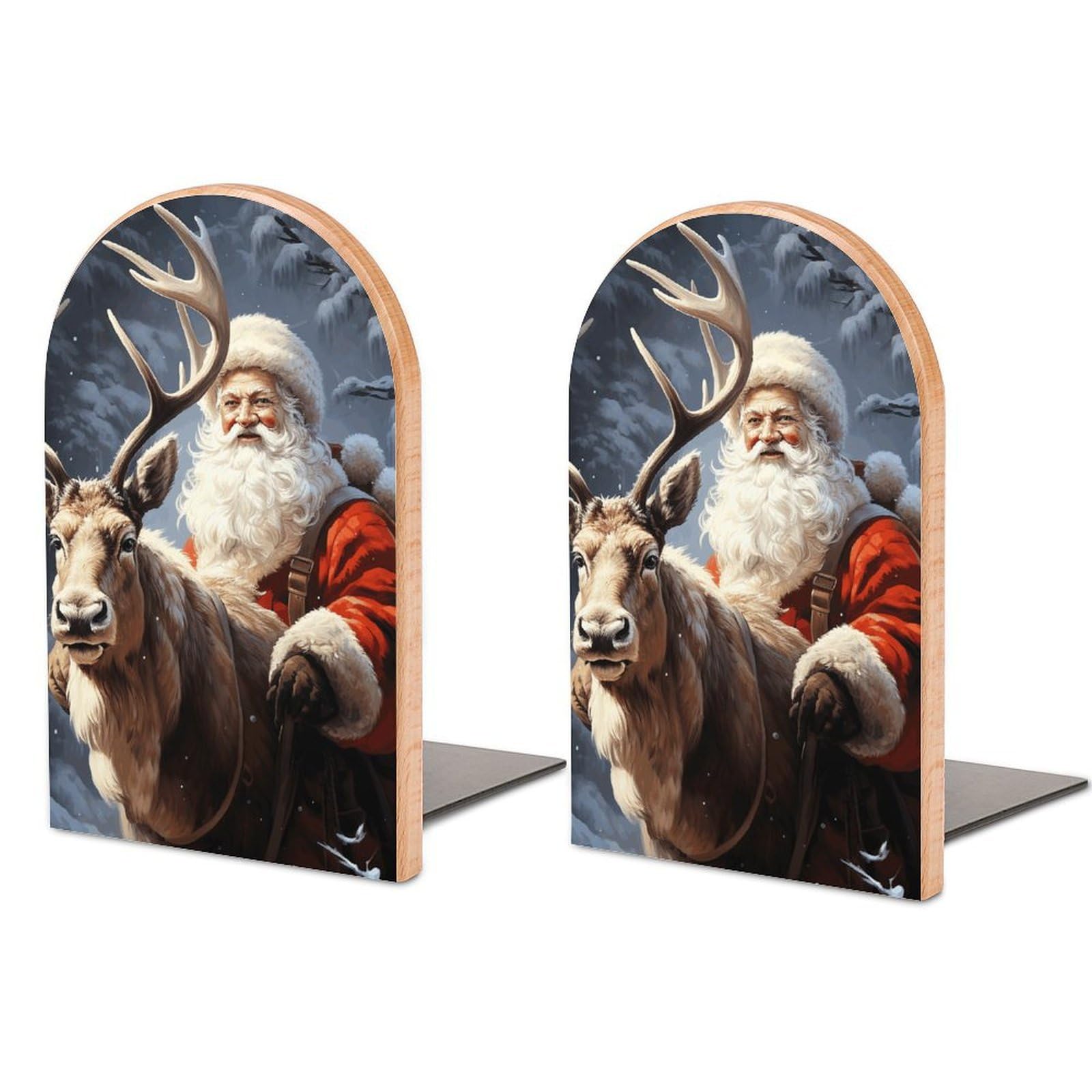 Beech Wood Book Ends Santa Claus and Deer Elk Printed Bookend for Shelves Home Decorative Bookends for Heavy Books for Office Bookshelves