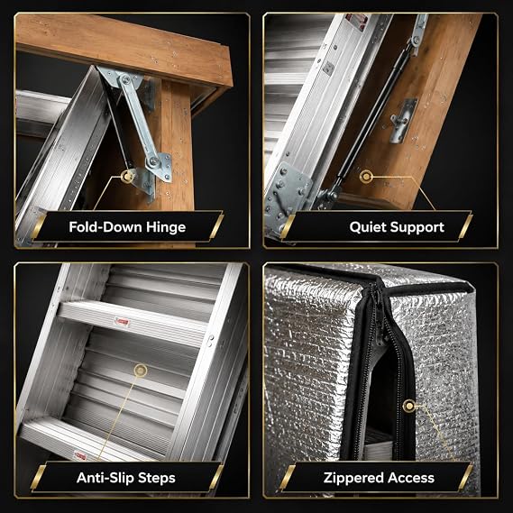 22.5x54 Inch Pull Down Attic Ladder with Insulated Cover, Attic Access Ladder with Aluminum Frame & Zippered Seal, Tall Ladders for Home High Ceilings Up to 10 Ft 3 in