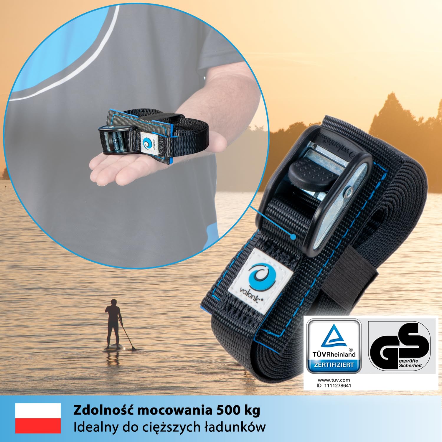 valonic Dolphin - 2x 2m Pasy mocujące, 25mm, 500Kg, wyściełane, certyfikat TÜV Rheinl. / GS, EN-12195-2 - Pas mocujący z zamkiem zaciskowym do samochodowego bagażnika dachowego, deski SUP