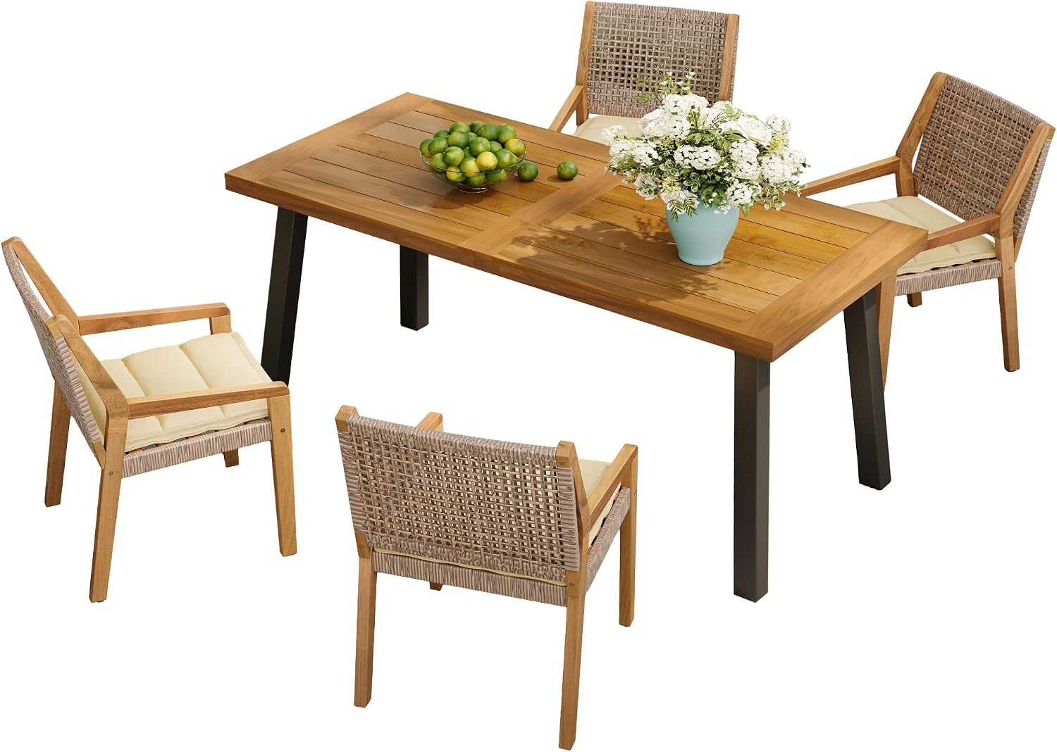 Outdoor Dining Set 4 Chairs + 1 Table, Premium Acacia Wood Teak Finish Table & Wicker Chairs with Cream Cushions, for Large Gatherings, Patio Dining
