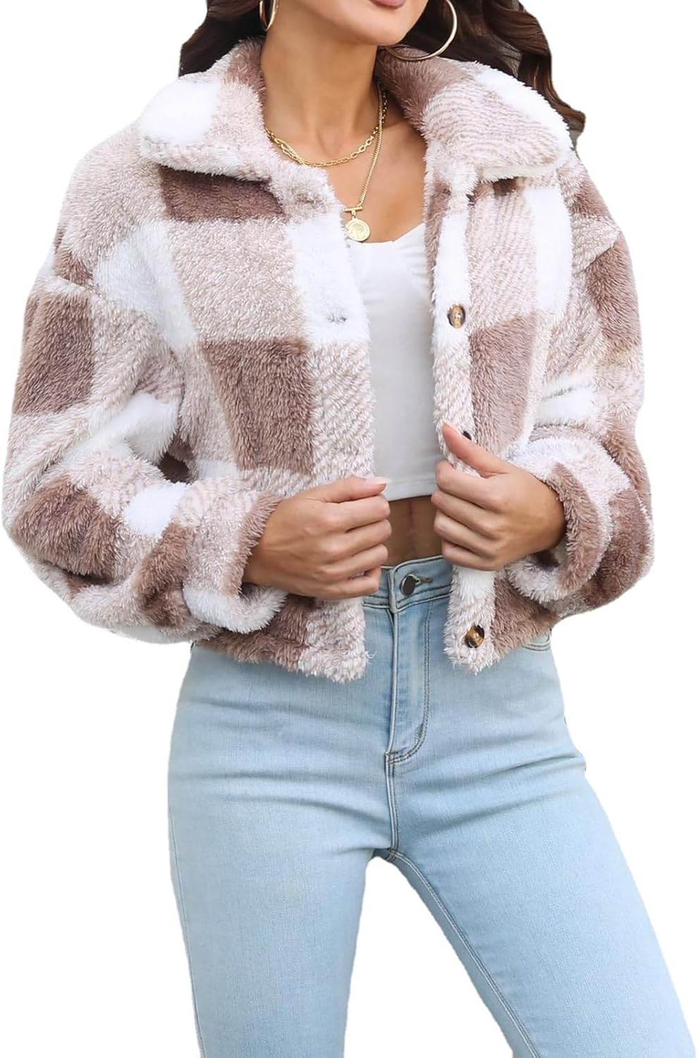 loveimgs Women's Button Down Plaid Sherpa Fleece Jacket Coat Lapel Long Sleeve Crop Teddy Jacket Outwear