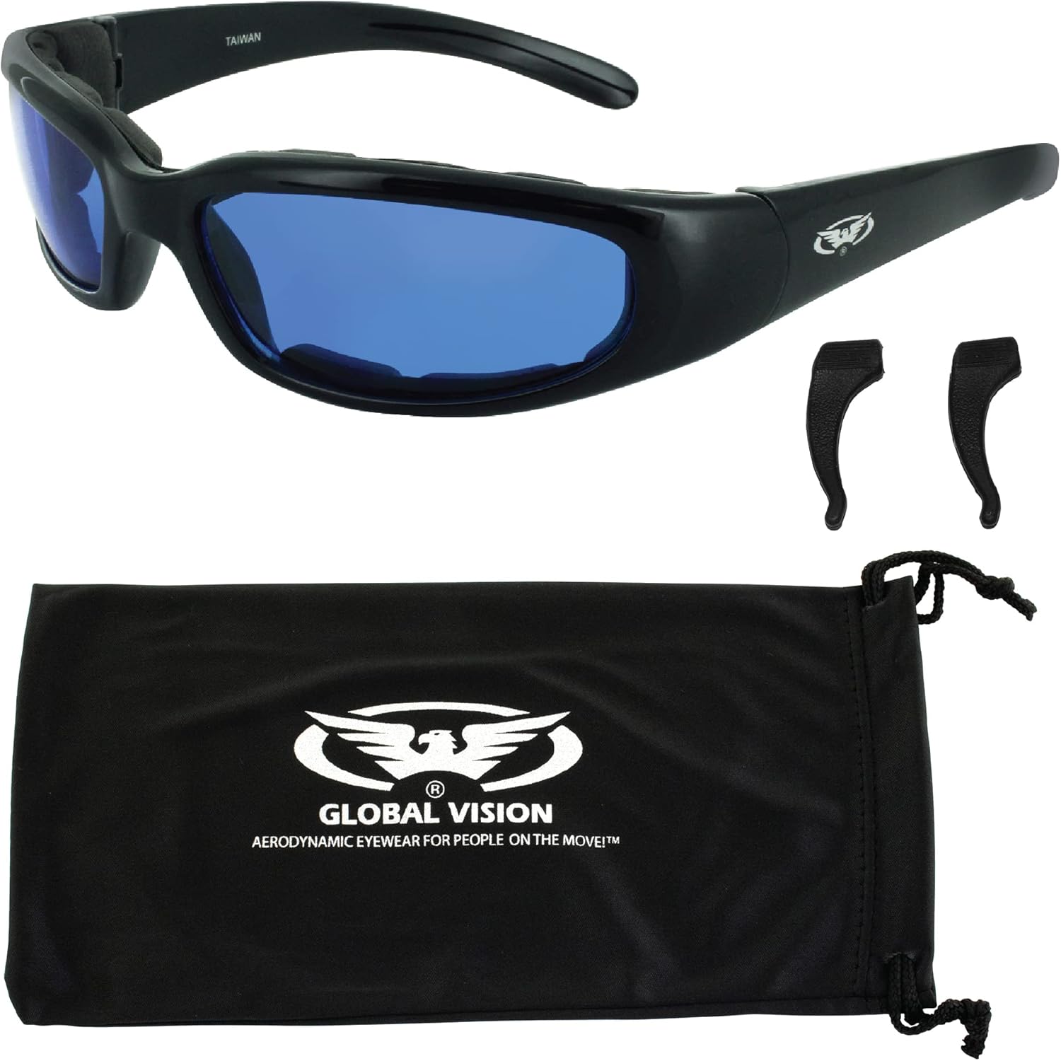 Global Vision Chicago Padded Riding Glasses Black Frame Blue Lens w/Pouch & Ear Locks