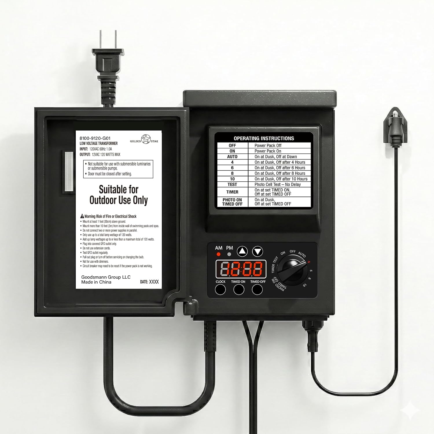 GOLDEN STAR 120W Low Voltage Transformer with Photocell Sensor & Weather Shield - 120V to 12V AC Outdoor Power Supply for LED Landscape Lighting, Spotlights, Pathway Lights (ETL Listed)