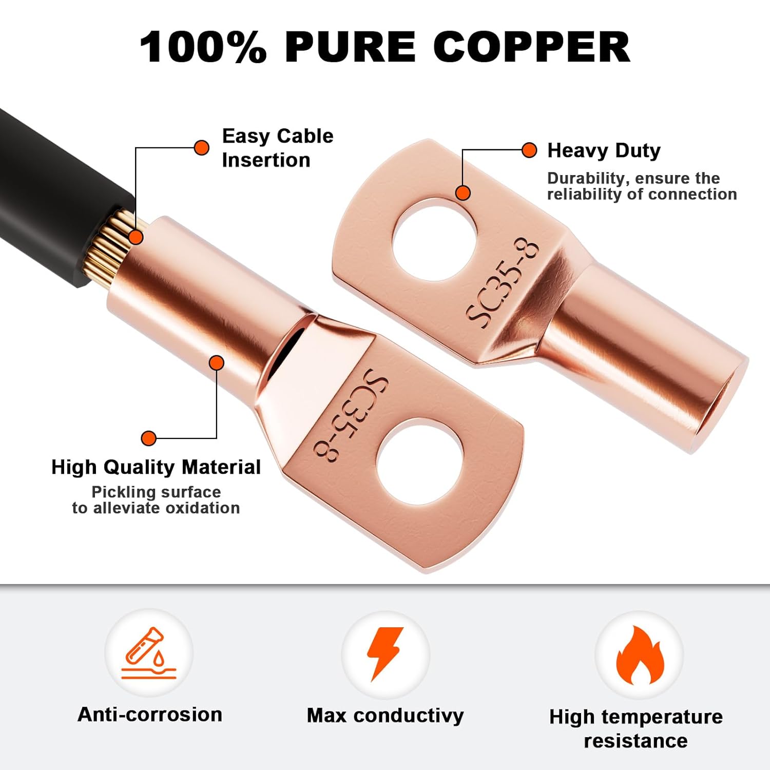 Sanuke 200PCS Battery Cable Ends with Hammer Lug Crimper Tool&Heat Shrink, AWG 2 4 6 8 10 12 Copper Ring Terminals Connectors 80PCS Copper Cable Wire Lugs&120PCS Heat Shrink Tubing Crimping Tool Kit