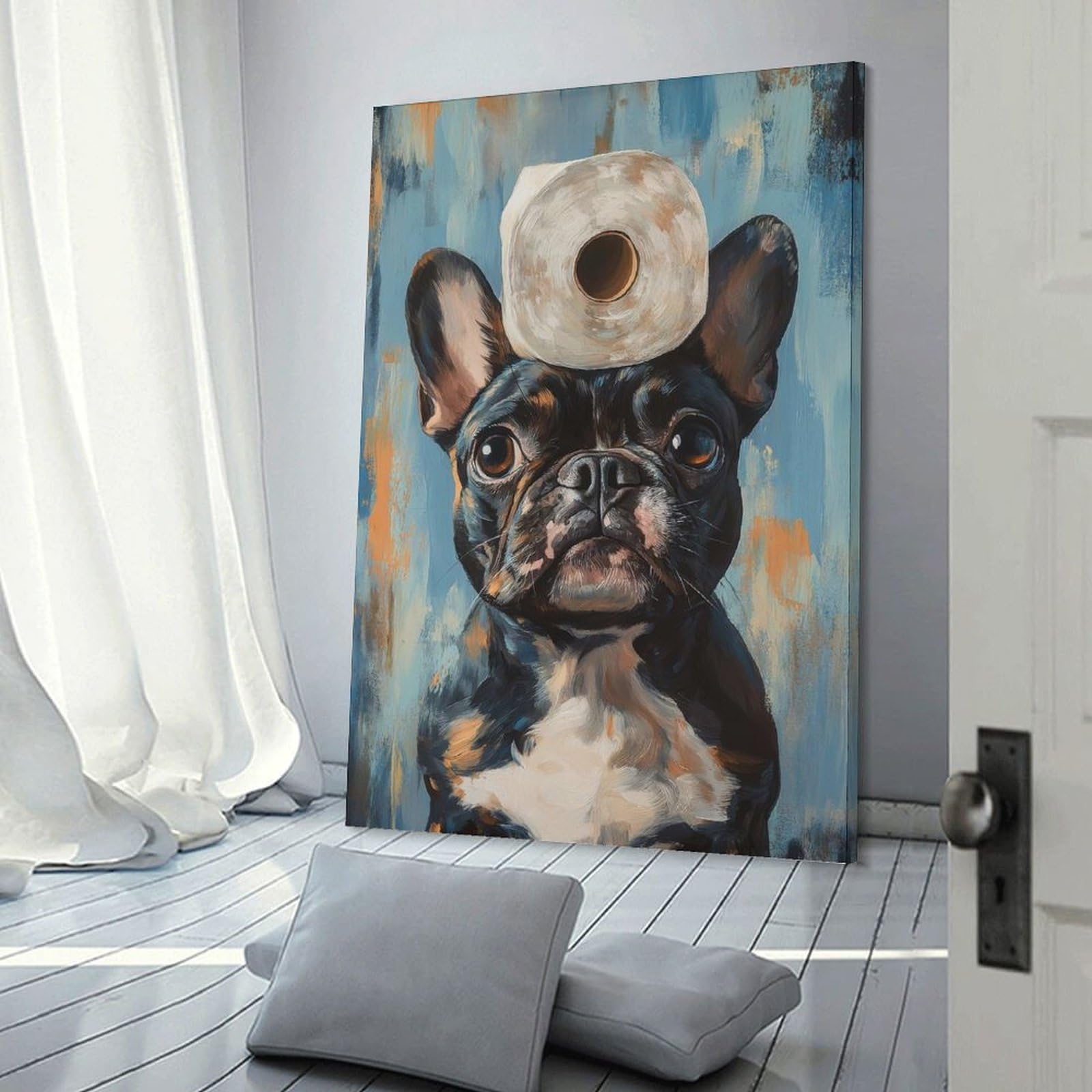 Junmoney Frame-Style-20 French Bulldog With Toilet Paper Canvas Wall Art 20X30inch(50X75cm), For Workspace Walls, Study Corners Or Bedrooms, Wall Art That Adds Style To Work Areas