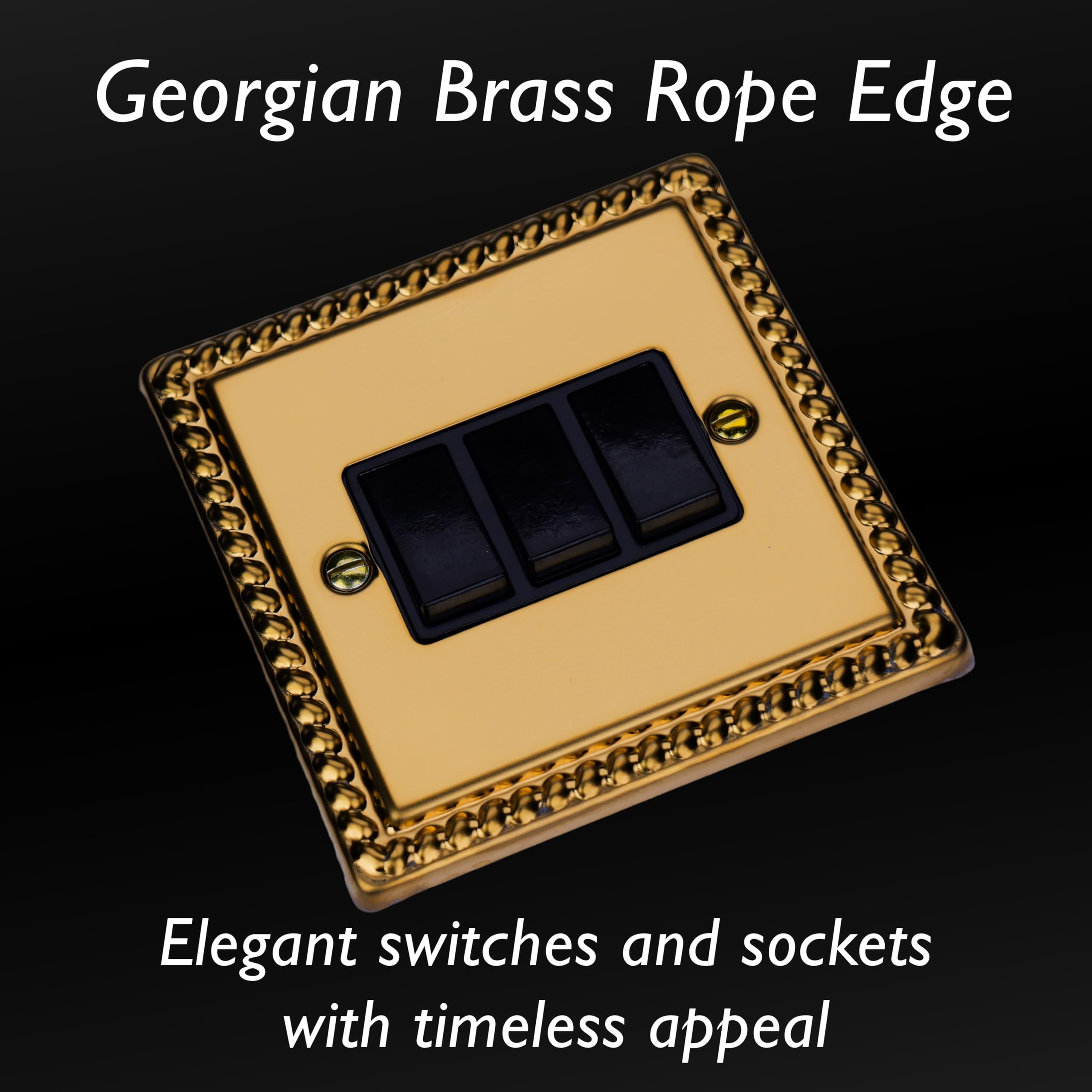 Varilight Triple Rocker Light Switch 2-Way - Classic Georgian Brass With Black Rockers, XG3B, 95x95x25mm - Image 3