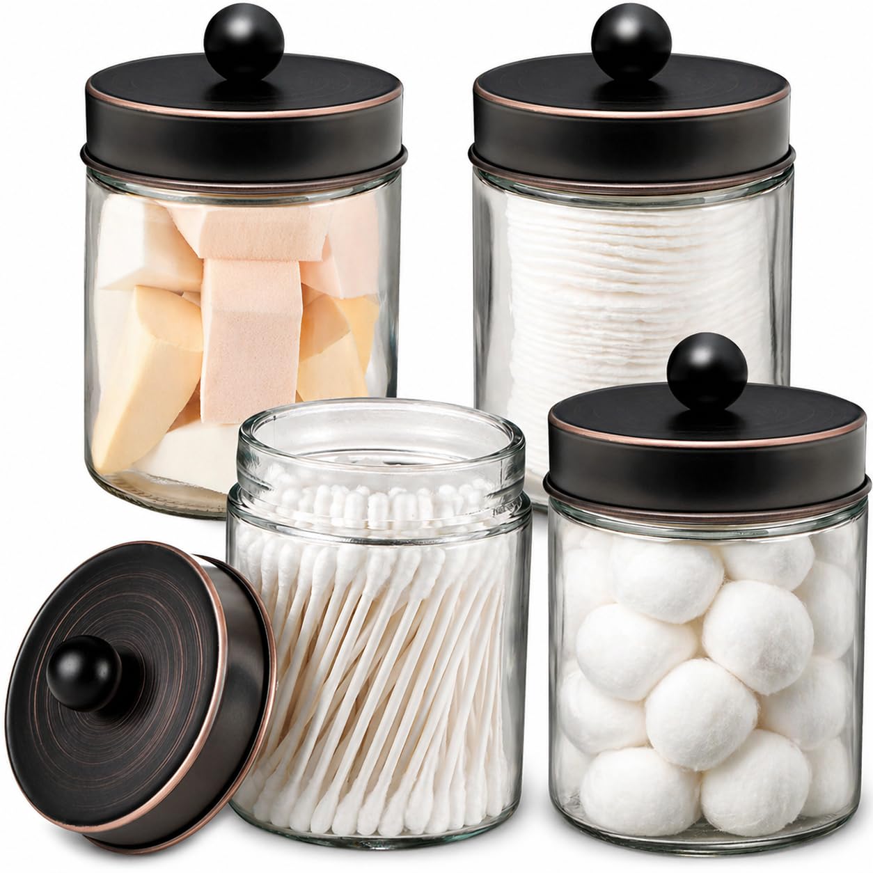 Juego de 4 tarros de boticario para baño, organizador de almacenamiento, recipiente de encimera con tapas de acero inoxidable y bonitas calcomanías, soporte dispensador Qtip para Qtips, hisopos de