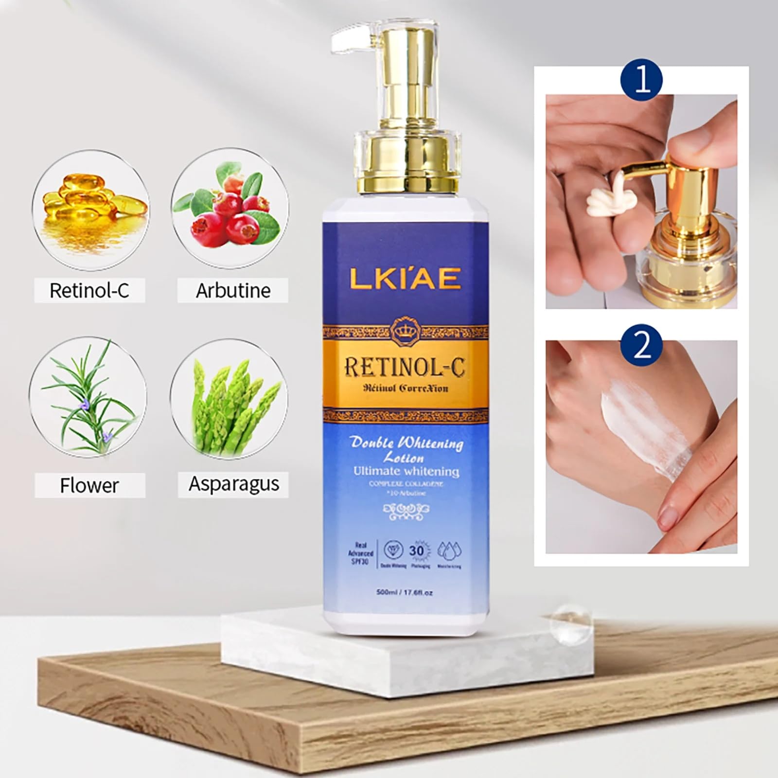 LKIAE Ultimate Whitening Retinol Loción Corporal, Reduce las Arrugas y Manchas Oscuras, Crema Profundamente Hidratante, Nutritiva, Anti-Envejecimiento, Con Colágeno, Extracto de Caracol, 500 ml