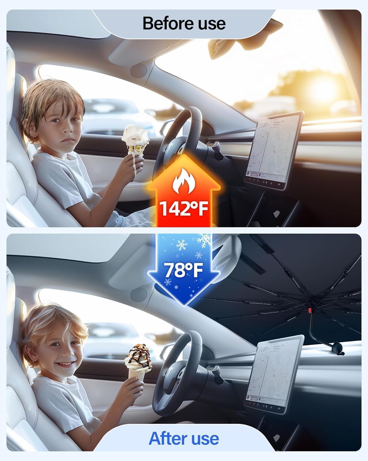 Car Windshield Sun Shade Foldable Umbrella, Sunshade for Car Windshield Cover Visor UV Ray Reflector, Sun Shade Windshield for Auto Trucks Sedan SUV Keeps Vehicle Cool Heat Insulation (53" x 27")