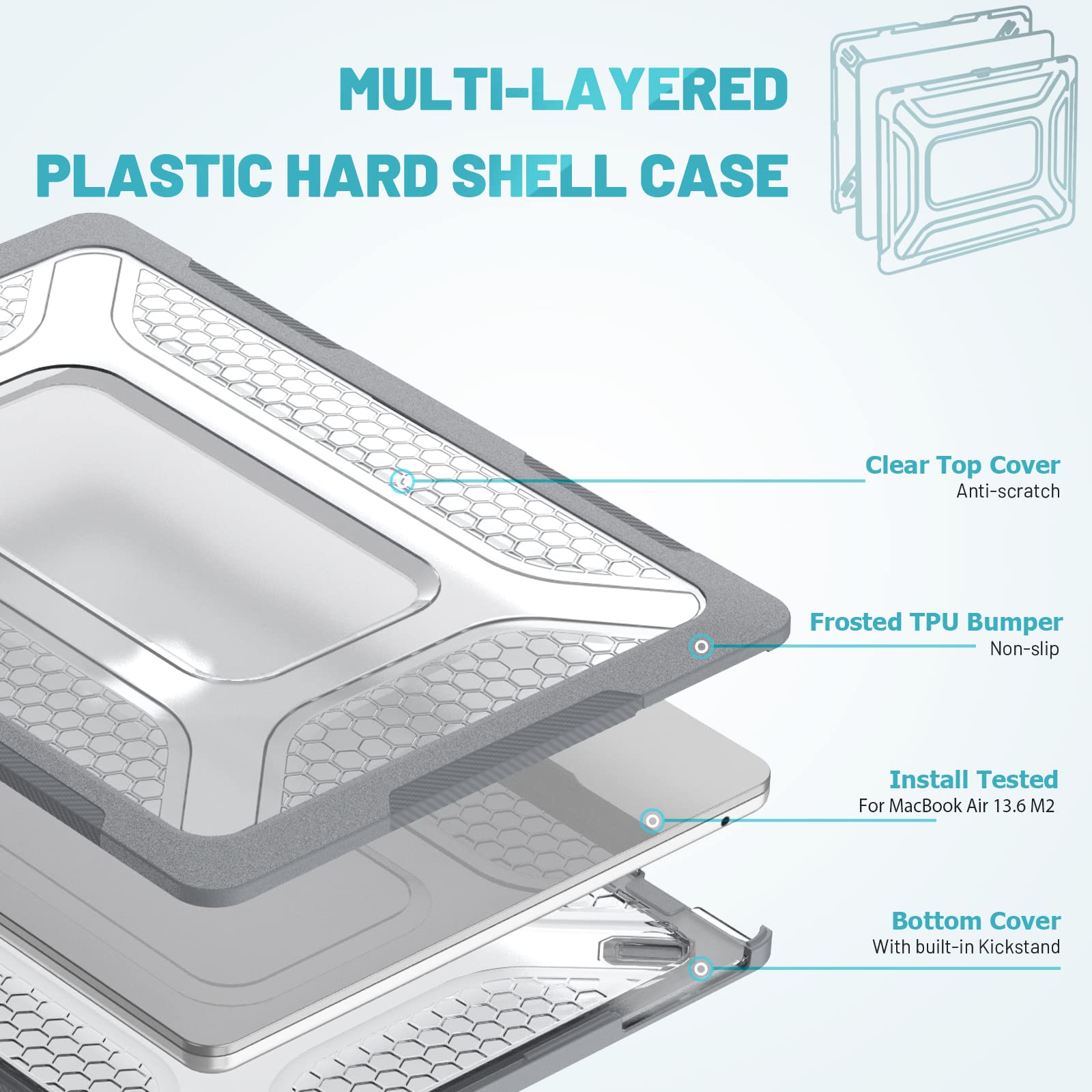 ProElite Case for MacBook Air 13.6 inch 2022 2023 2024 2025 Release M5/M4/M3 A3113 M2 A2681 with Touch ID,Heavy Duty Honeycomb Hard Shell with Slim TPU Bumper and Fold Kickstand, Grey 2
