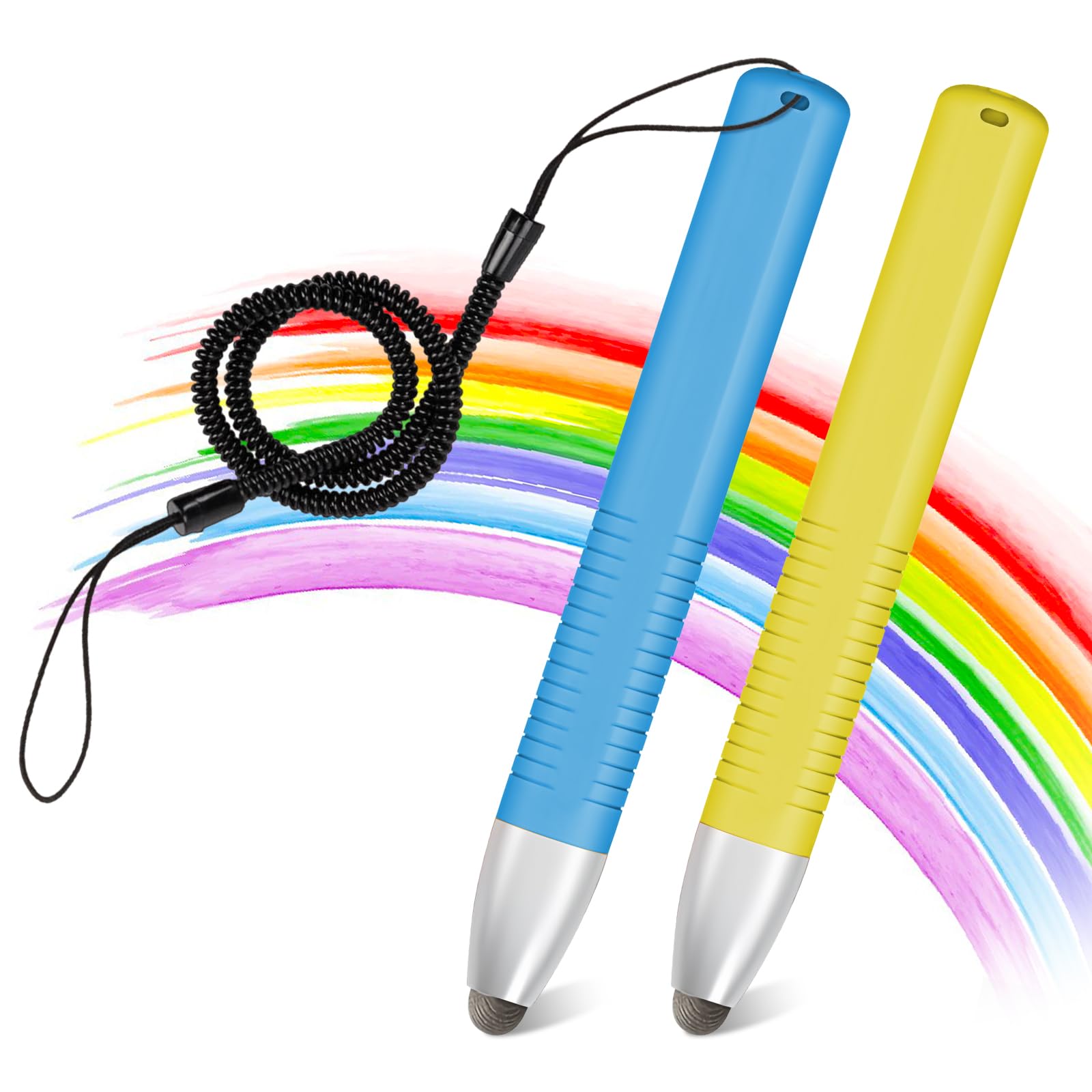 2pcs Kid-Friendly Stylus Pens for Touch Screens, Tablet Stylus Pen with Spring Cord Universal Touch Screen Capacitive Crayon Stylus Blue Yellow