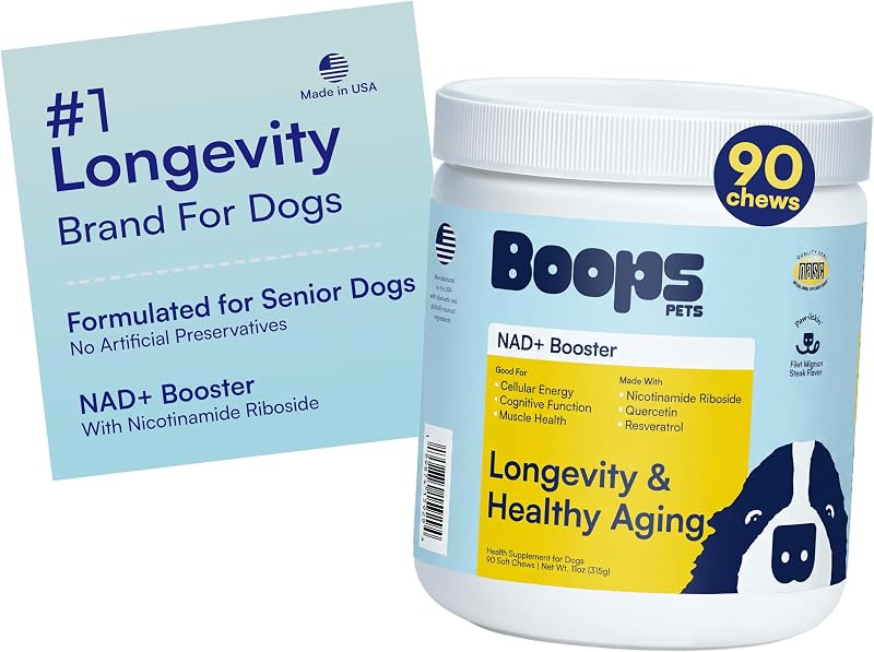 Suplemento Fitoterápico para Cães Idosos com Nicotinamida Riboside, Resveratrol e Quercetina Boops Pets – Sabor Filé Mignon, 90 Mastigáveis Macios
