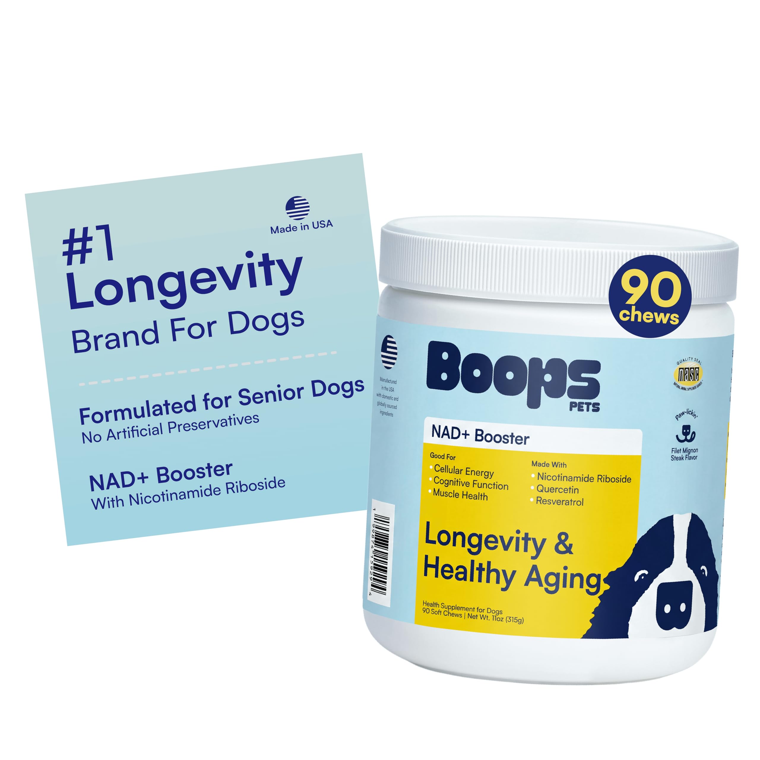 Boops Pets NAD+ Precursor & Senior Dog Supplement - 90 Soft Chews - NMN Alternative for Longevity & Healthy Aging - Nicotinamide Riboside, Resveratrol