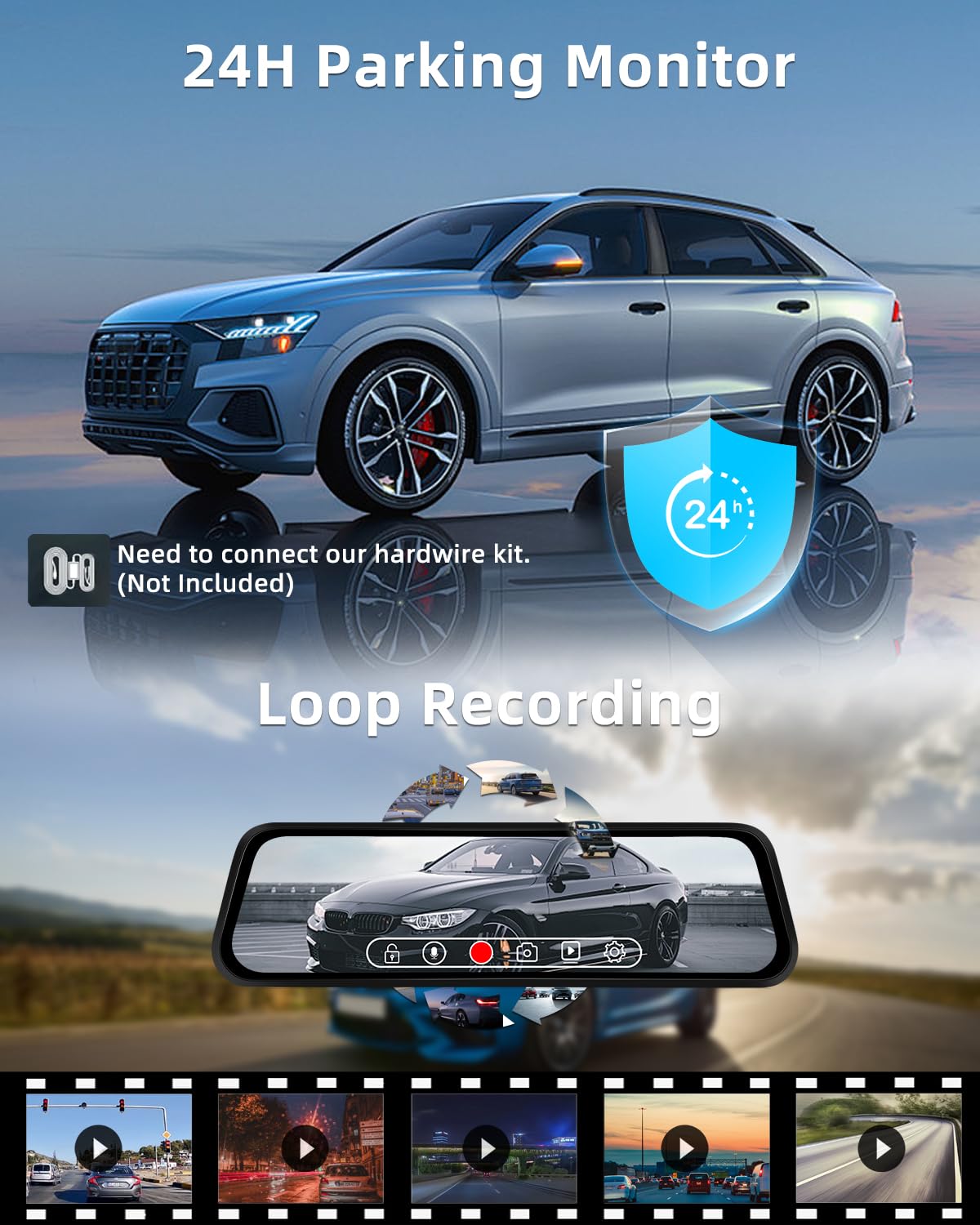 2.5K Mirror Dash CAM con 1080P Backup Camera - 9.66 Inch Touchscreen Dashcam Soporte Parking Monitoring Loop Recording G-Senors 150°Wide Angle + 64GB SD Card