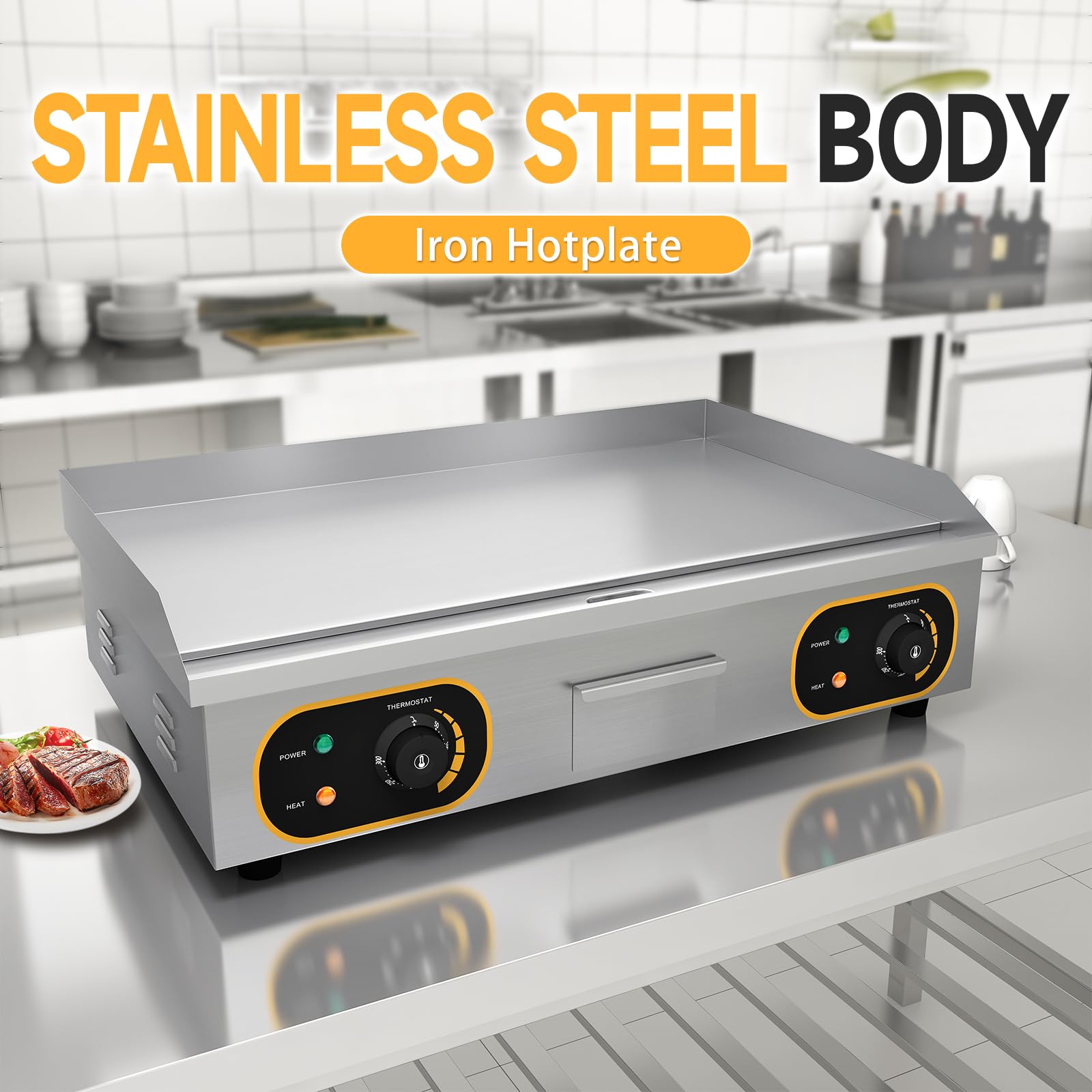 Gastro Grillplatte Elektrisch glatt, Profi Gastro Elektrogrill 73x40 cm, Kommerzielle Elektro grillplatte Edelstahl, Fett-Auffangbehälter 4400W, Doppelte Temperaturregelung & Doppelstecker, für Küche