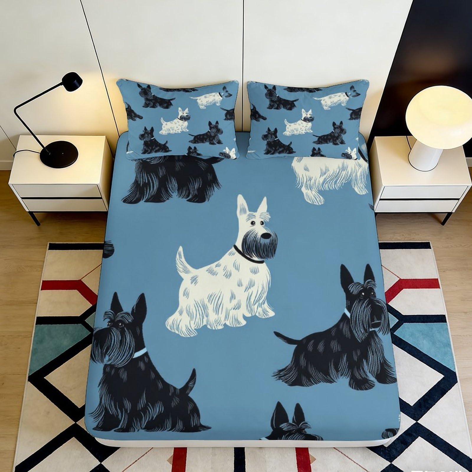 3D Printed Scottish Terrier Dog Pattern Fitted Sheet Microfiber Blue Bed Cover for Bedroom Dorm Easy Care Decor 90x200x25cm