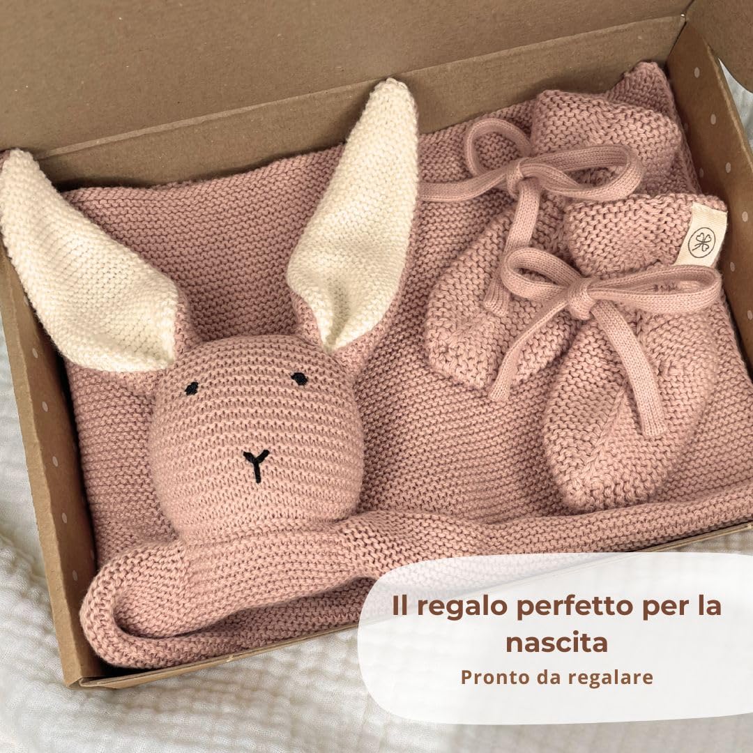 DIKOS® Doudou Neonato Coniglietto & Calzini Rosa Antico – Set Regalo Premium in Morbido Cotone Biologico Lavorato a Maglia (Oeko-TEX) – Copertina Coccole come Primo Peluche –Regalo Nascita Bimba