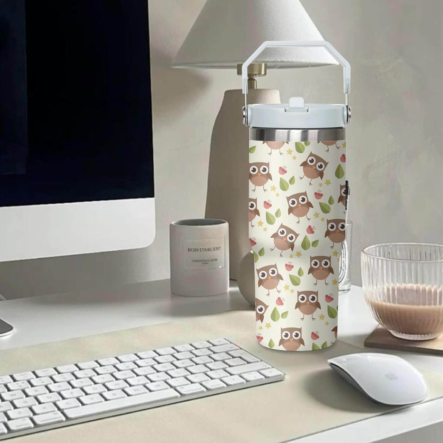 30oz Owl Tumbler with Handle and Flip Straw, Stainless Steel Insulated Cup, Travel Coffee Mug Water Bottle, Birthday Mothers Day Chritmas Gifts for Women Animal Lovers - Image 7