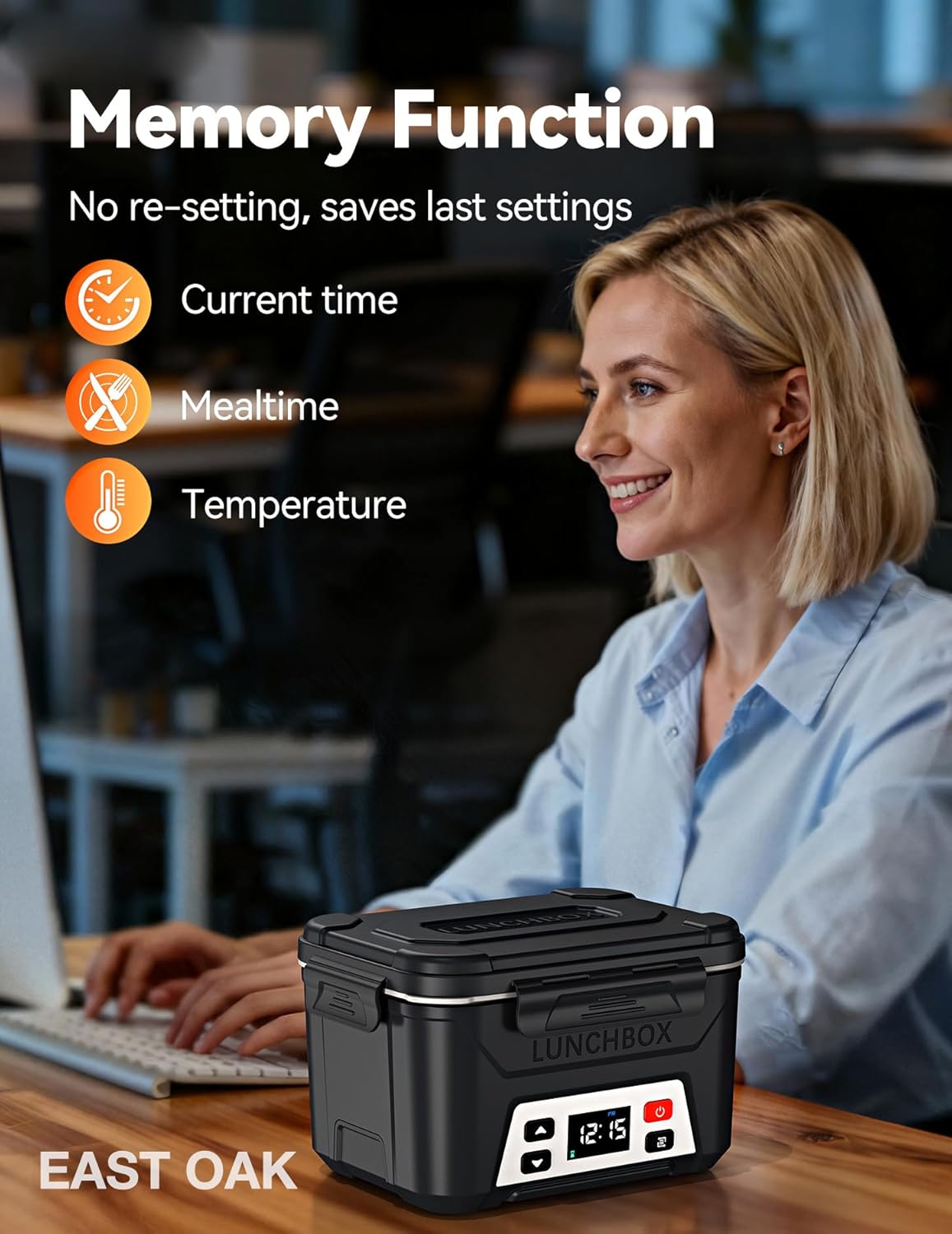 Woman using East Oak lunch box with memory function icons