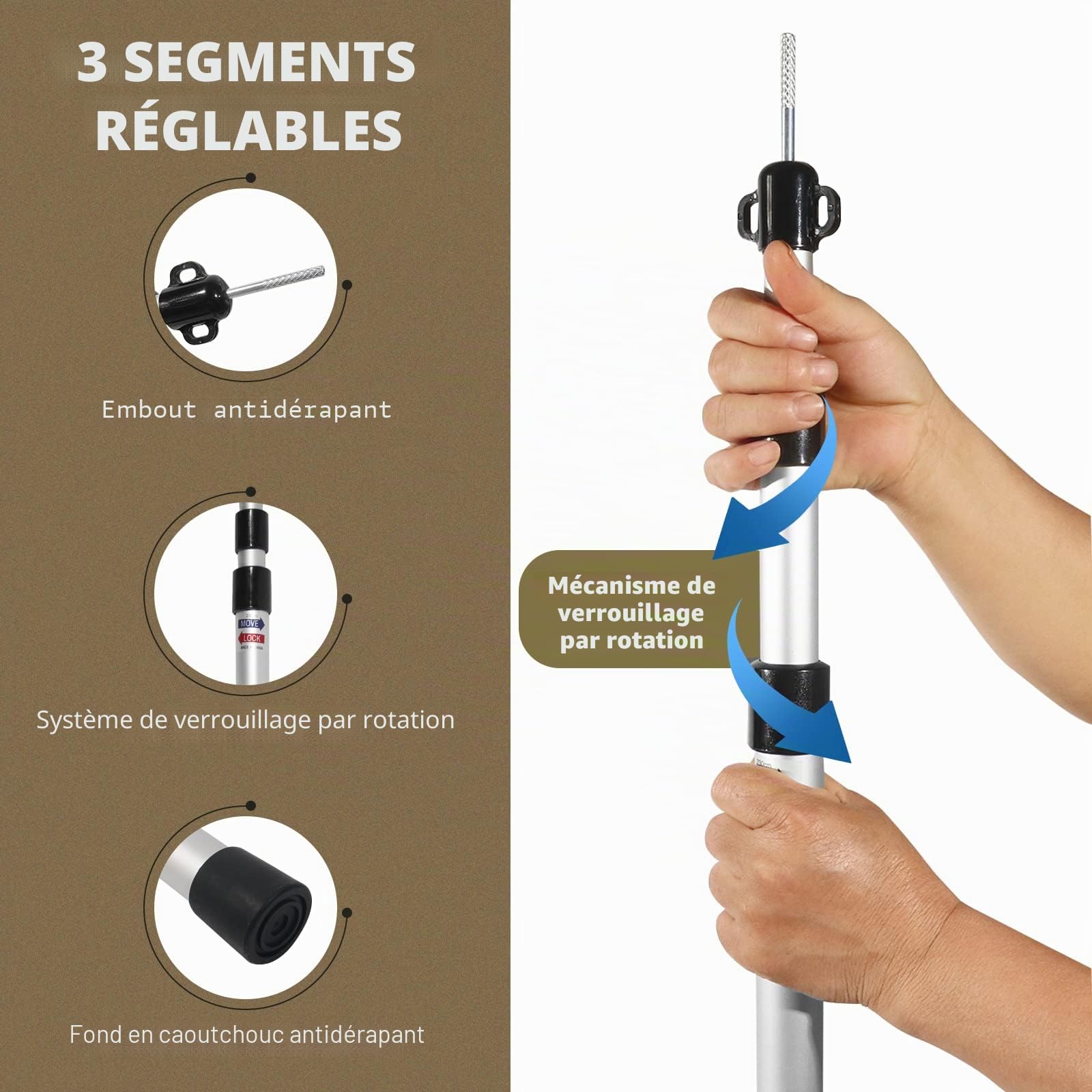 JAICOM Lot de 2-4 poteaux de Tente télescopiques en Aluminium - Extensible et réglable - 95 à 230 cm - pour Camping, Tente, bâche, auvent, Plage