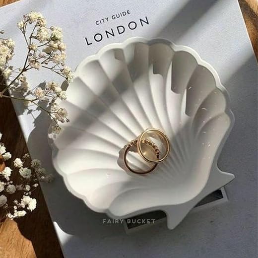 FAIRY BUCKET ™ Aesthetic Handcrafted White Concrete Shell Trinket Tray | Elegant Jewelry, Makeup &amp; Table Organizer | Multi...
