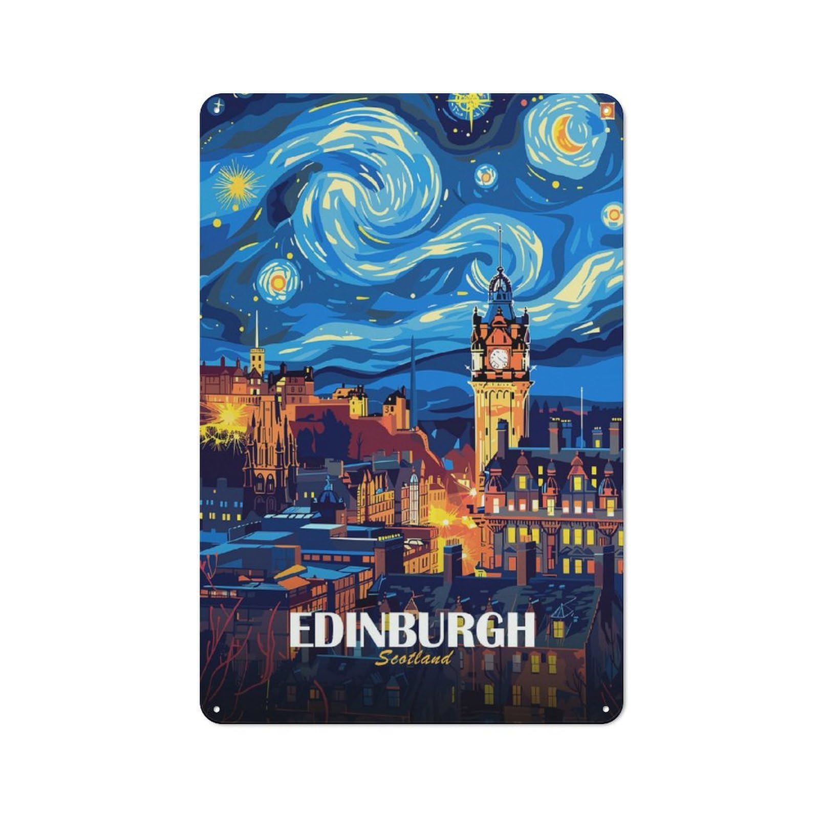 Junmoney Style-4 Tin Sign 30X20cm With Edinburgh Scotland Night Sky Art For Workshop Wall, Retro Decor, For Metal Sign Collectors, For Cafés, Pubs And Restaurants
