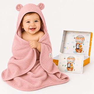 FUCHSUNDPANDA ® Hooded Towel Baby Extra Thick, Warm and Soft | 75 x 75 cm Baby Hooded Towel (100% Bamboo) | Baby Towel Hood with Good Gift Box (Peony)