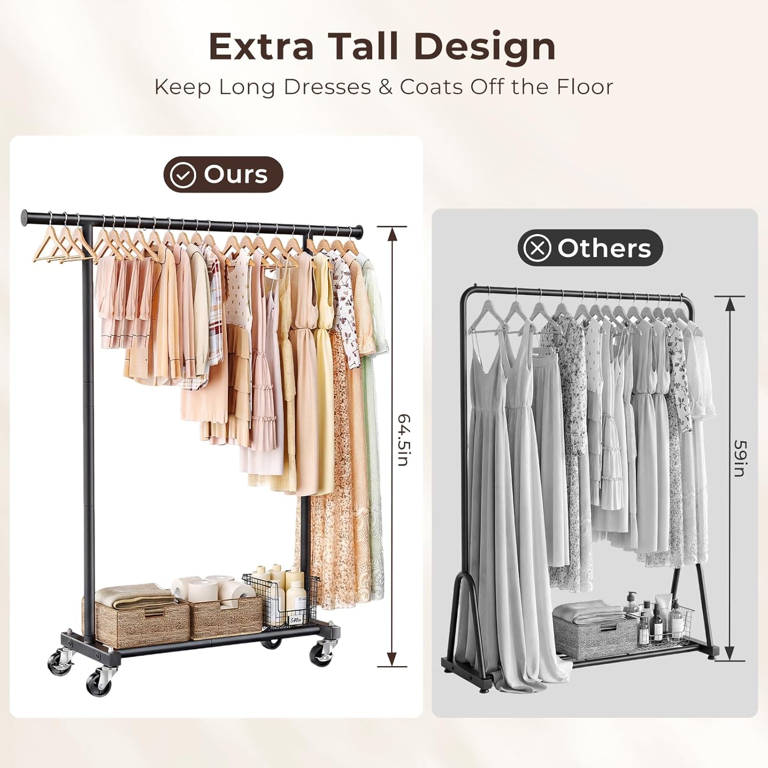 Clothing Rack for Hanging Clothes, 45" Wide Rolling Clothes Rack, Metal Garment Hanger Rack with Wheels, Portable Coat Rack Wardrobe Rack for Bedroom Laundry, Black