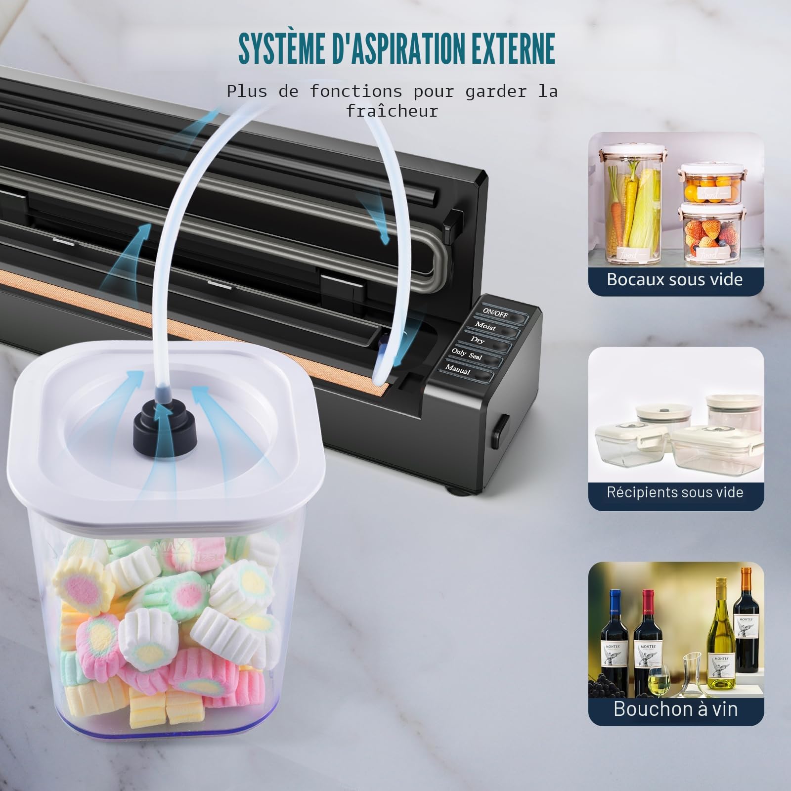 Machine Sous Vide Alimentaire 5 en 1, Machine Sous Vide pour Aliments Secs et Humides, Machine à vide Appareil avec Couteau de Coupe, Sacs Sous Vide et tuyau Inclus, HK020