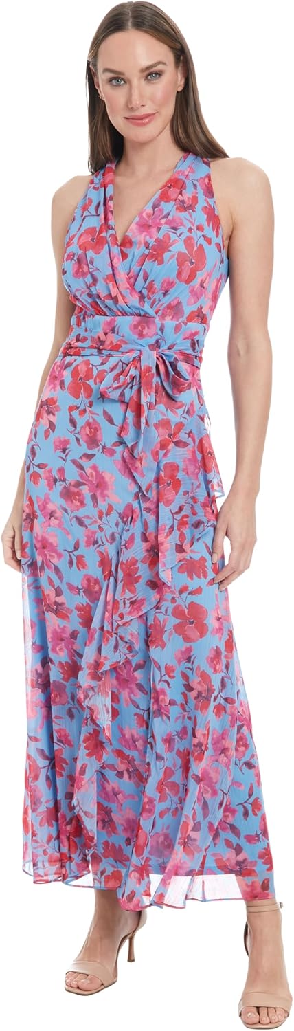 London Times Women's Women's Halter Neck Wrap Maxi Dress with Side Tie and Ruffle Detail - Special Occasion Wedding Guest Dress