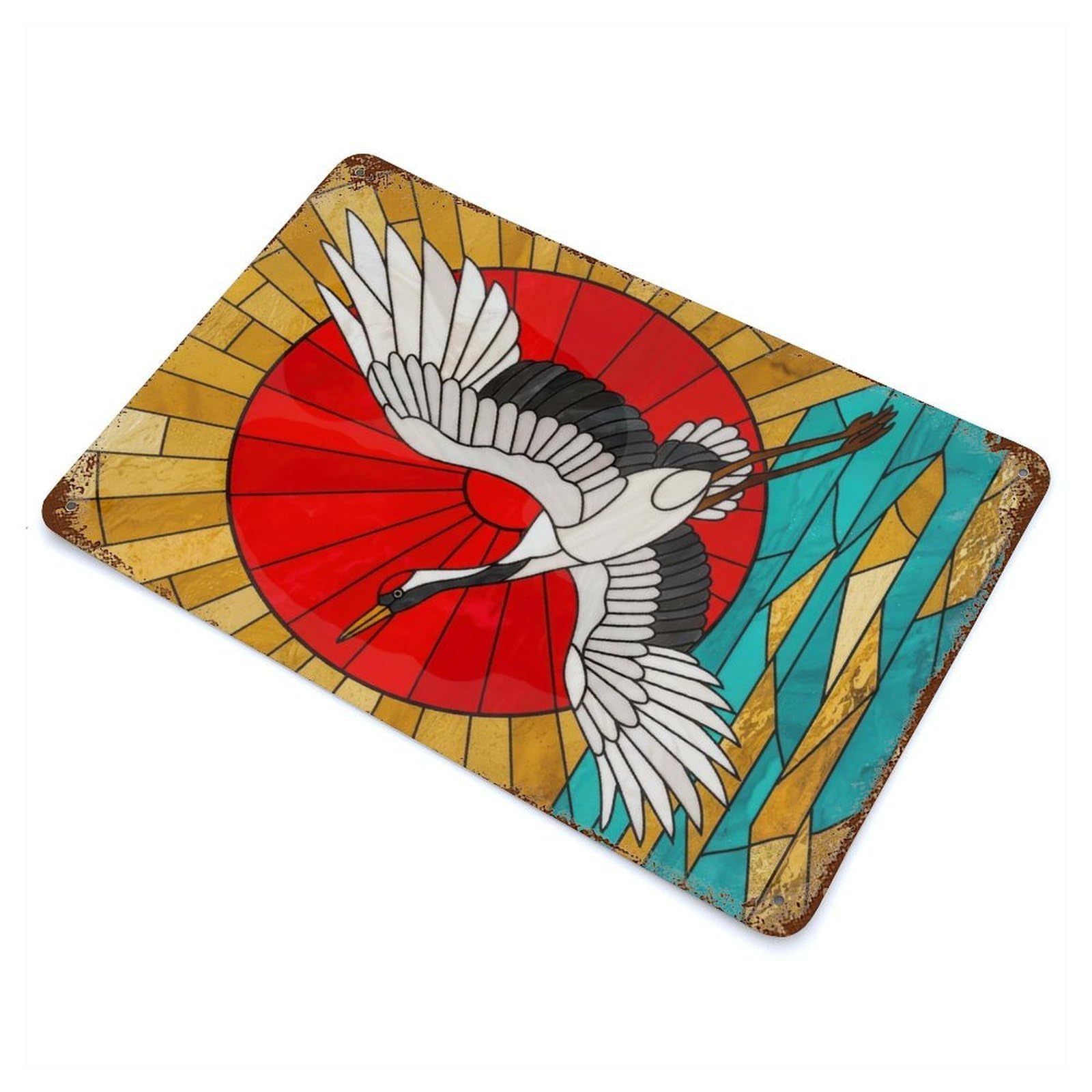 Weathered Tin Sign with Stained Glass Crane Flying Over Water Design 11.8"x7.9", for Shed, Workshop And Garage Wall Decor, Decorative Metal Wall Art