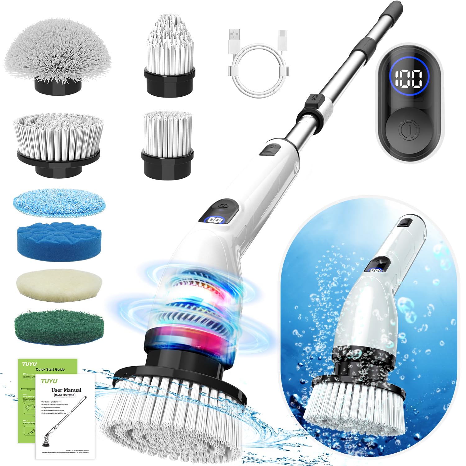 TUYU Electric Spin Scrubber Full-Body IPX7 Waterproof Bathroom Scrubber with Power LCD Display 8 Replacement Head Adjustable Extension