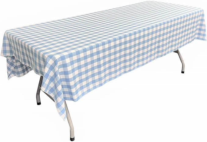 New Creations Fabric & Foam Inc, Polyester Poplin Gingham Checkered Rectangular Tablecloth (White & Light Blue, 60" Wide x 72" Long)