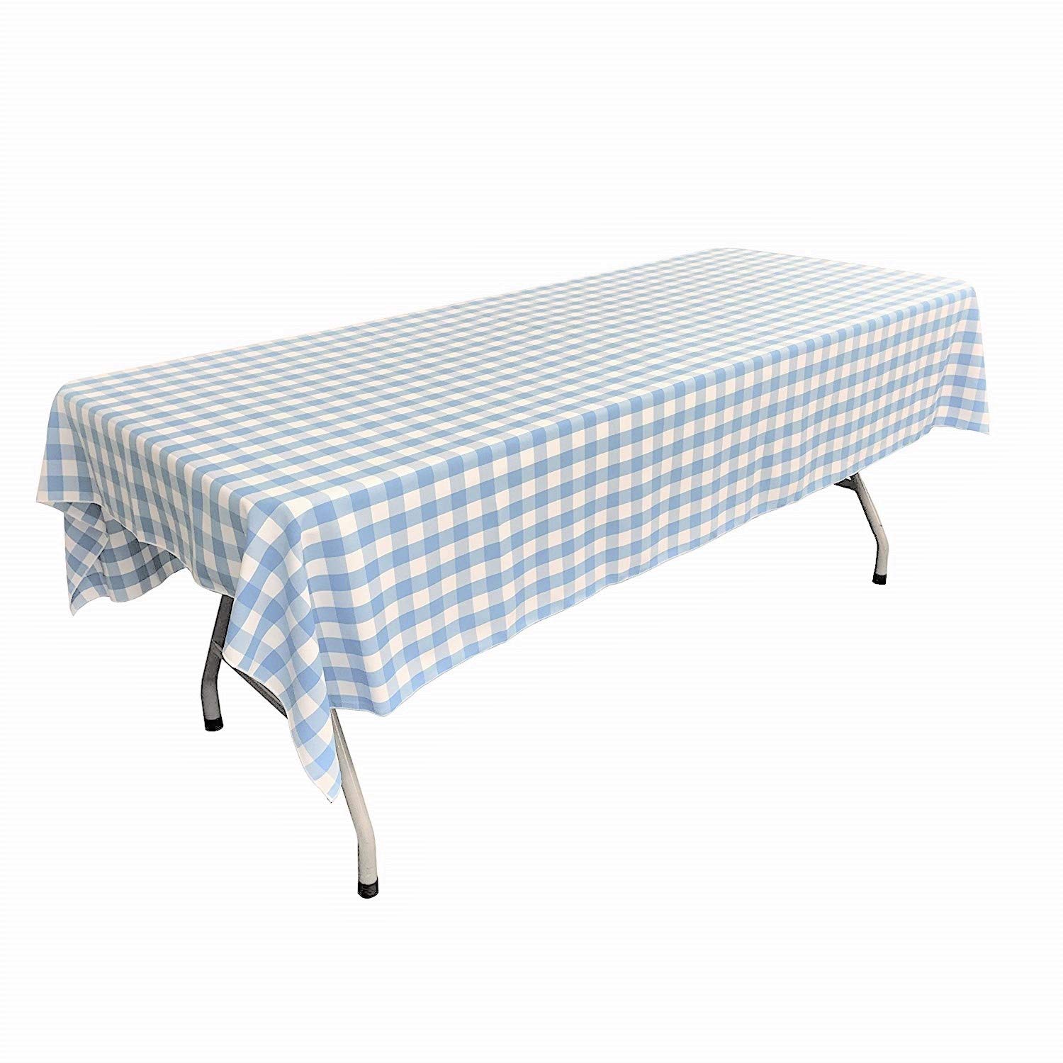 New CreationsFabric & Foam Inc, Polyester Poplin Gingham Checkered Rectangular Tablecloth (White & Light Blue, 60" Wide x 120" Long)