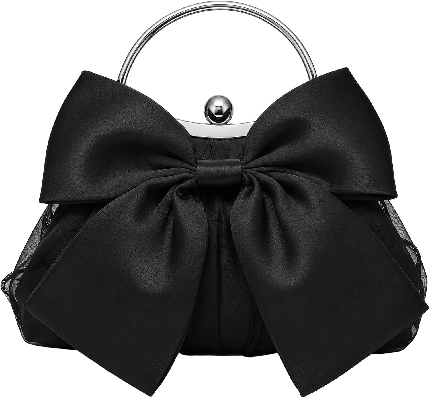 Coquette Bow Clutch Purse for Women, Black Satin Evening Bow Purse Handbag, Elegant Silk Pleated Clutch with Chain Strap, Vintage Bow Formal Bag for Party, Wedding, Prom, Date Night