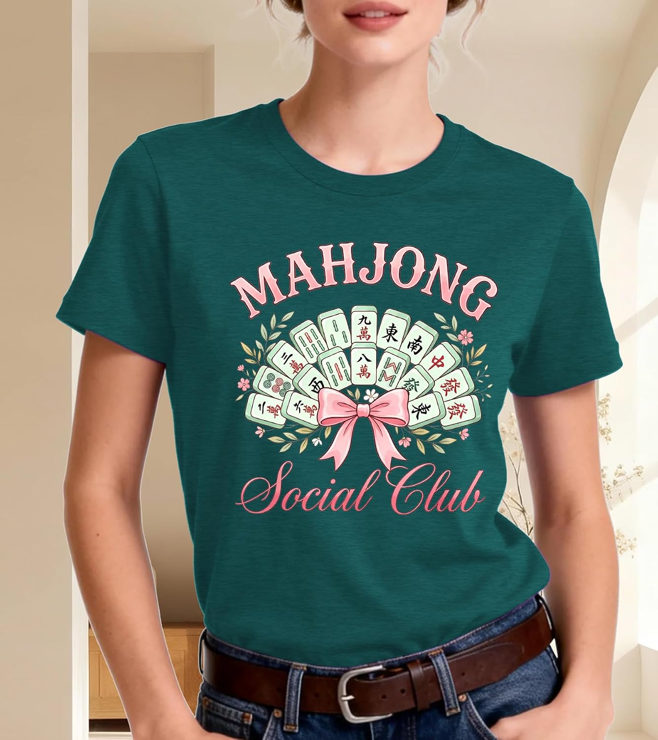 Women's Funny Bow Mahjong T-Shirt - Mahjong Social Club Tee — view 5