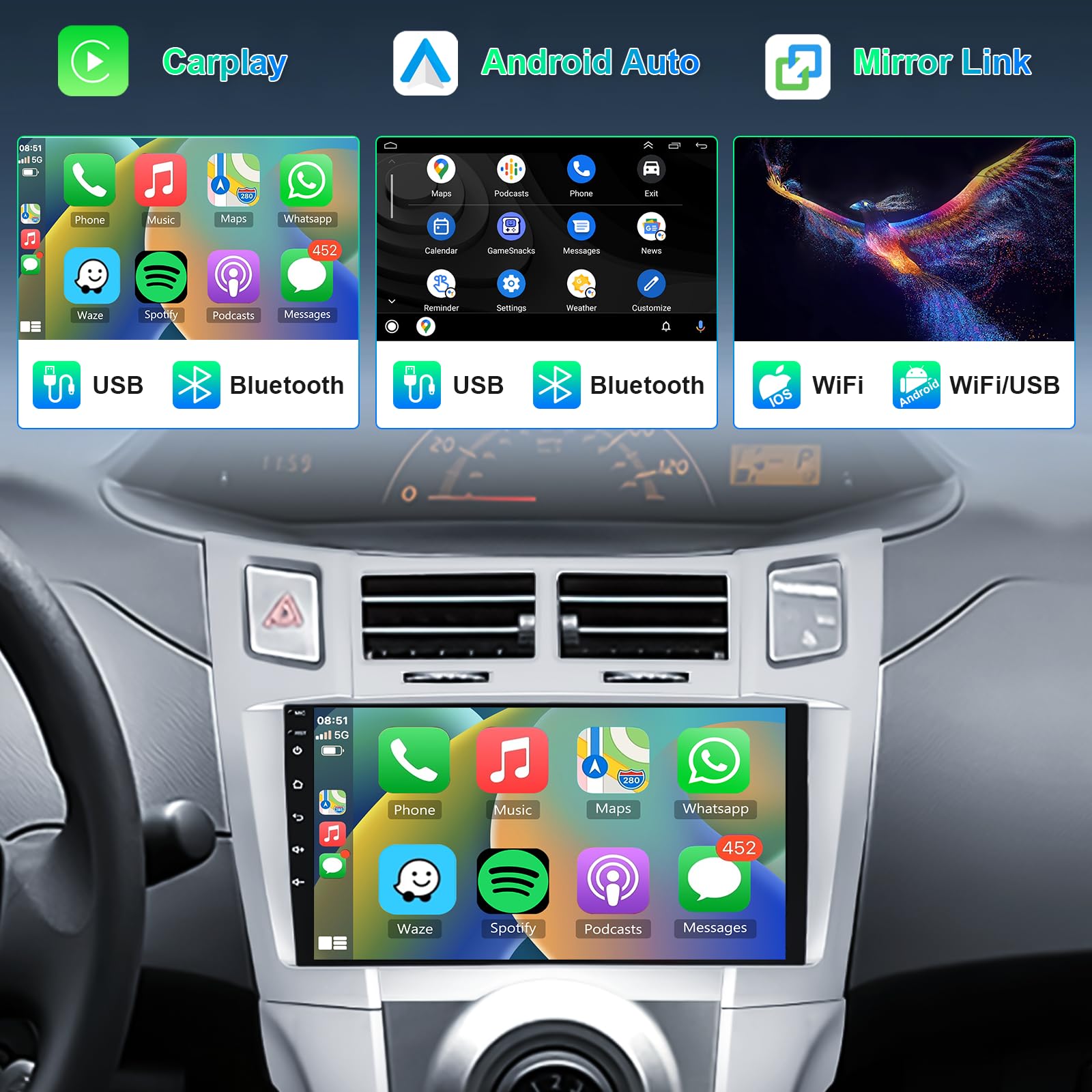 8 Core 4G+64GB Autoradio per Toyota Yaris/Vizi 2005-2011 Android 9 Pollici Touchscreen Carplay Android Auto, Radio 2 Din GPS Navigatore Bluetooth WiFi DSP WiFi FM RDS Camera Schermo per Toyota