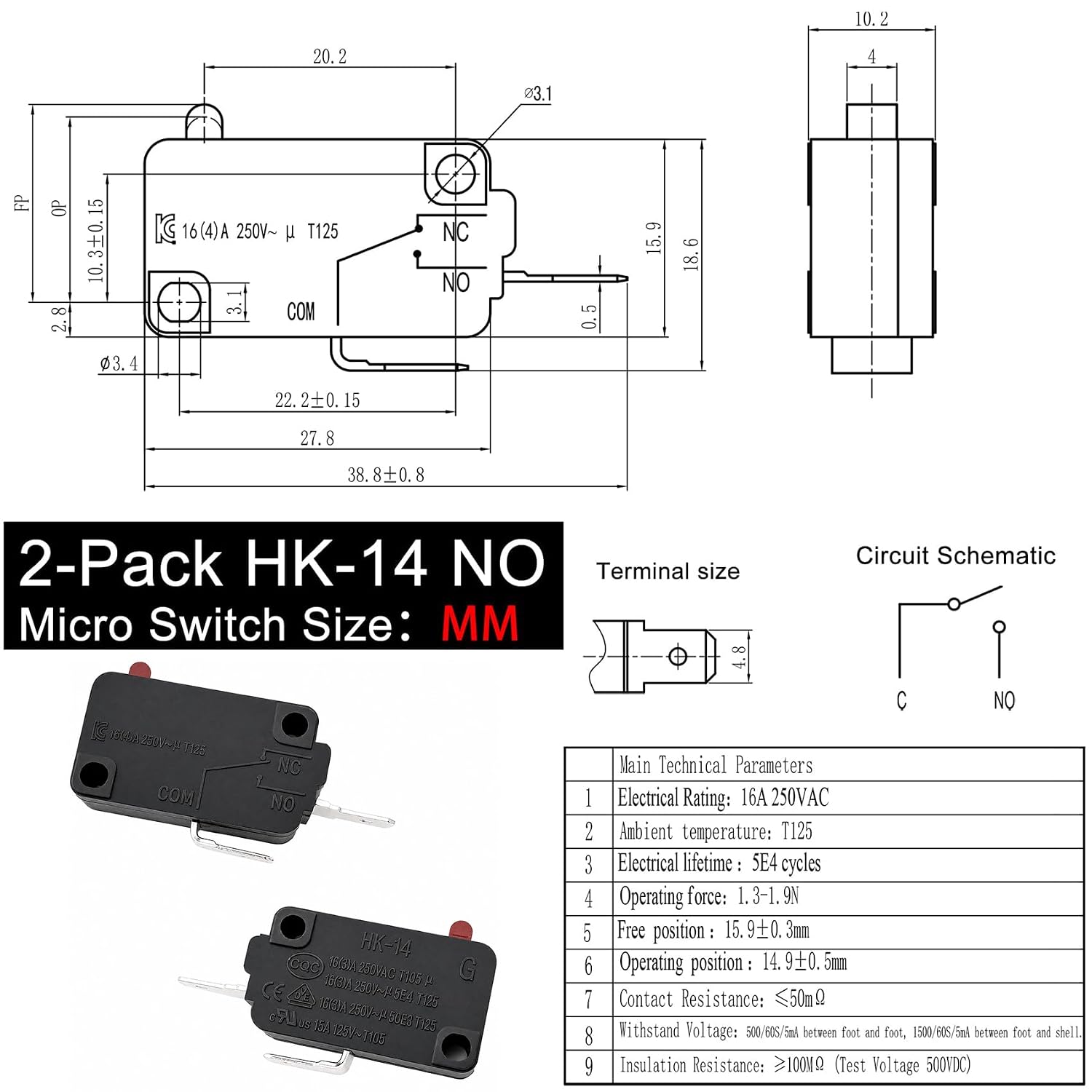HK-14 Air Fryer Micro Switch (4-Pack, 2NO+2NC), 16A 125/250V 2-Pin Door Interlock Switch Compatible with Ninja Instant Pot Microwave Oven, Replacement for Kitchen Appliance Door Latch & Start Issues